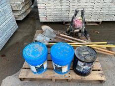 Misc. Pallet - (2) Buckets of Recrete, assorted shovels & Engine Backpack for Concrete Vibrator