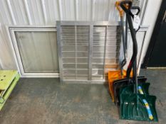 (6) Snow Shovels, Screen Door & Aluminum Louver. Located in Mt. Pleasant, IA