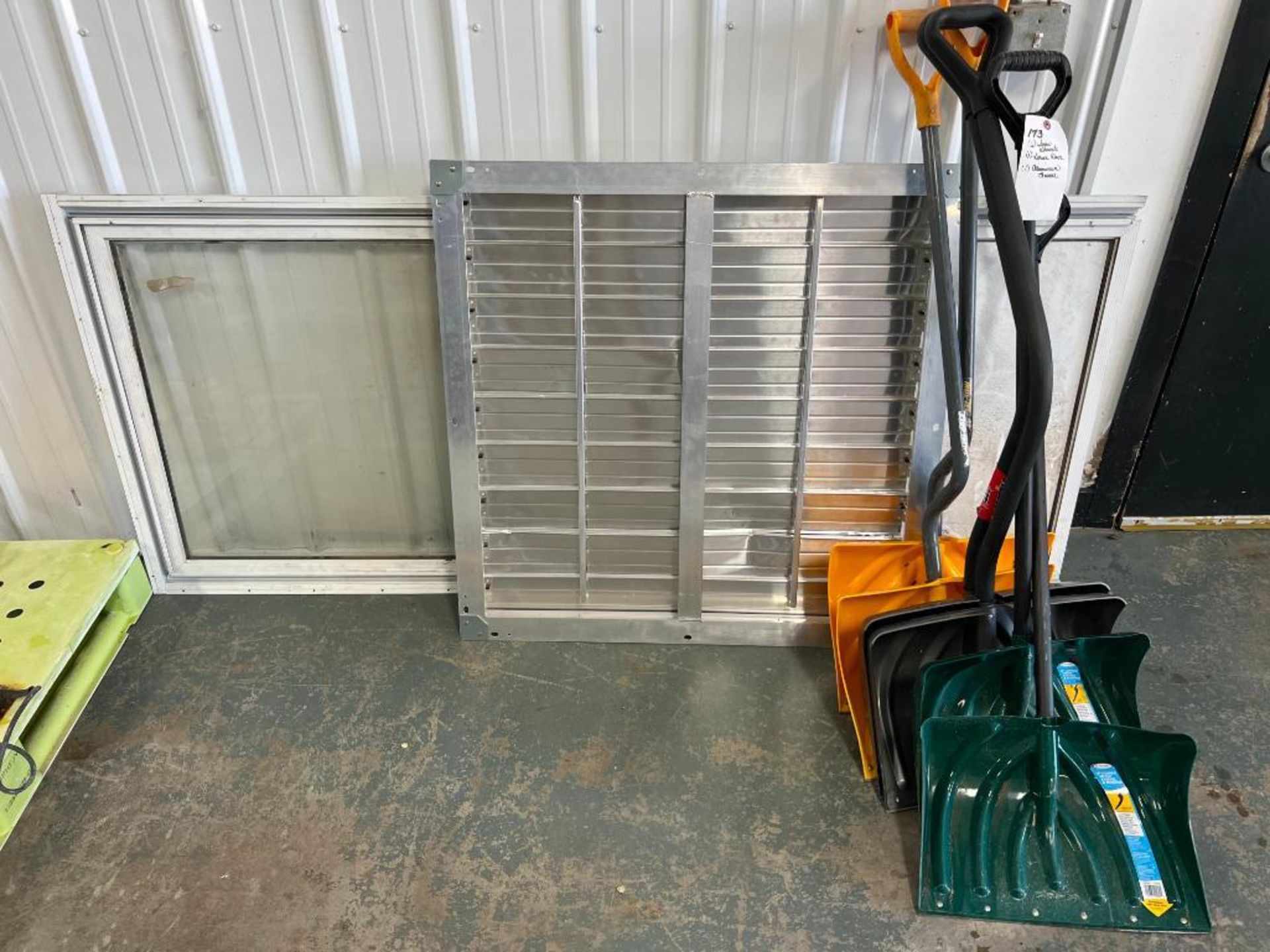 (6) Snow Shovels, Screen Door & Aluminum Louver. Located in Mt. Pleasant, IA