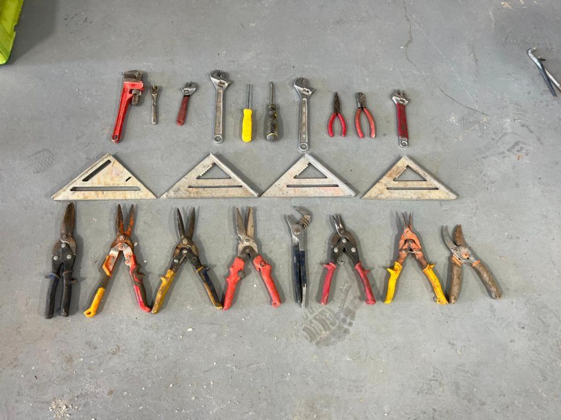 Miscellaneous Tools, Screw Drivers, Pipe Wrench, Channel Locks, Tin Snips, Squares. Located in Mt. P