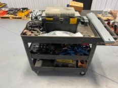 Plastic Rolling Cart with Contents, including New Battery Chargers, Stanley Tools, Sockets, etc. Loc