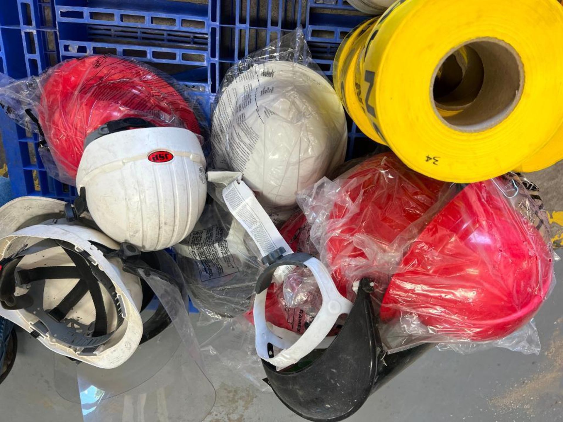 Pallet of Miscellaneous Safety Equipment. New & Used Hard Hats, Caution Tape, Marker Paint, Knee Pad - Image 3 of 5