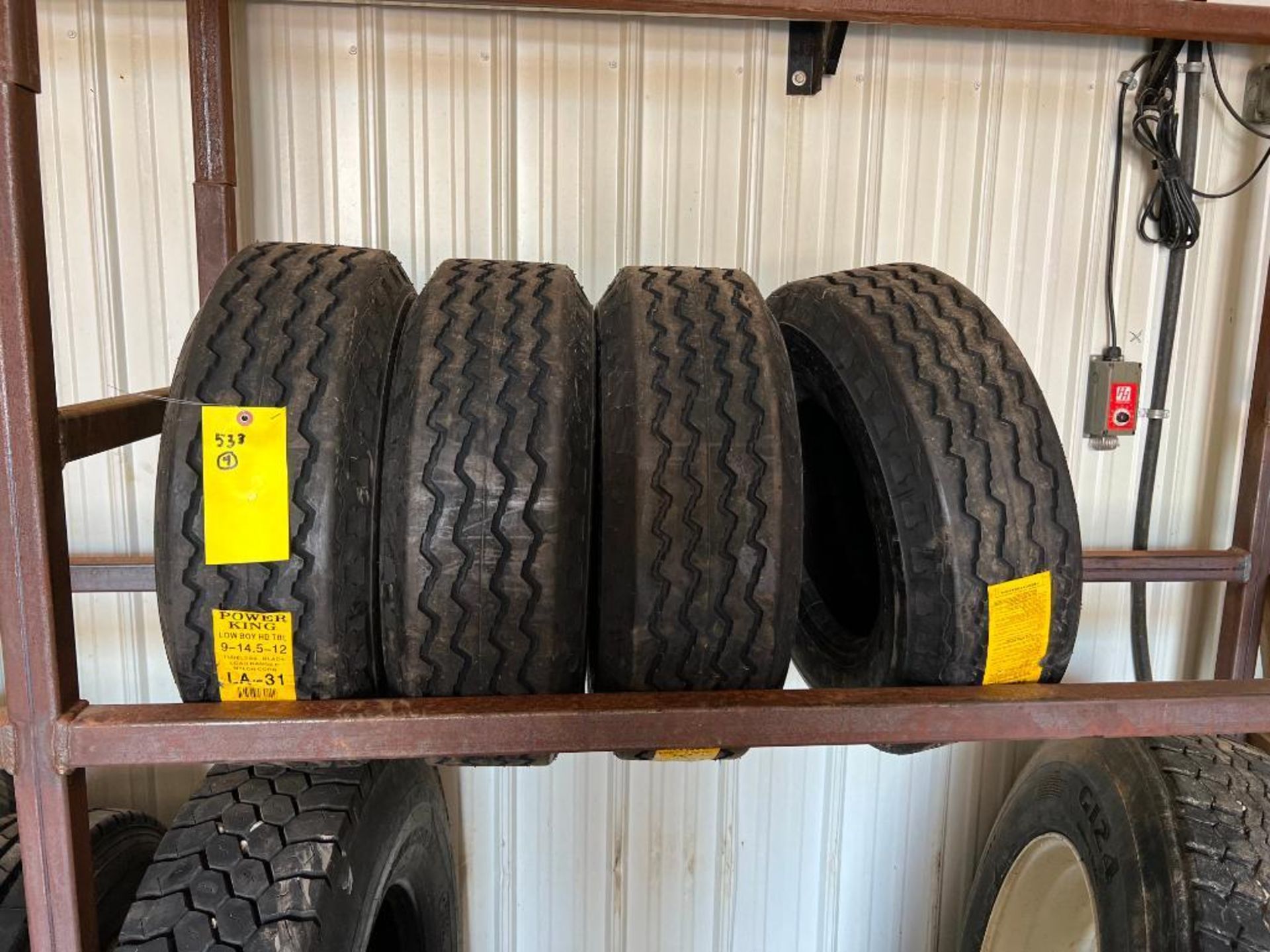 (4) New 9-14.5-12 Power King Lowboy HD Tubeless Tires, Load Range F.  Located in Altamont, IL