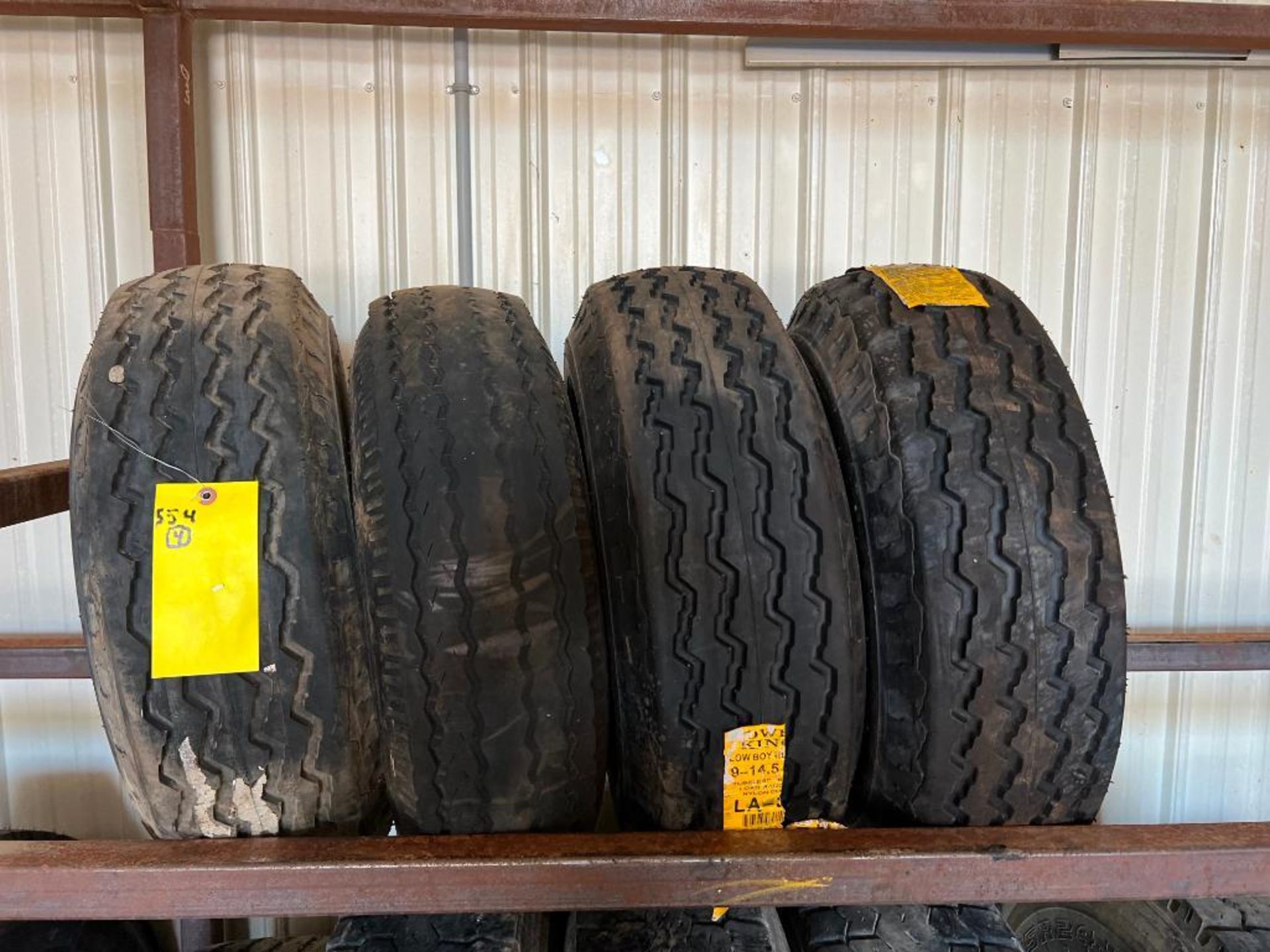 (3) New 9-14.5-12 Power King Lowboy HD Tubeless Tires, Load Range F & (1) Used Tire. Located in Alta
