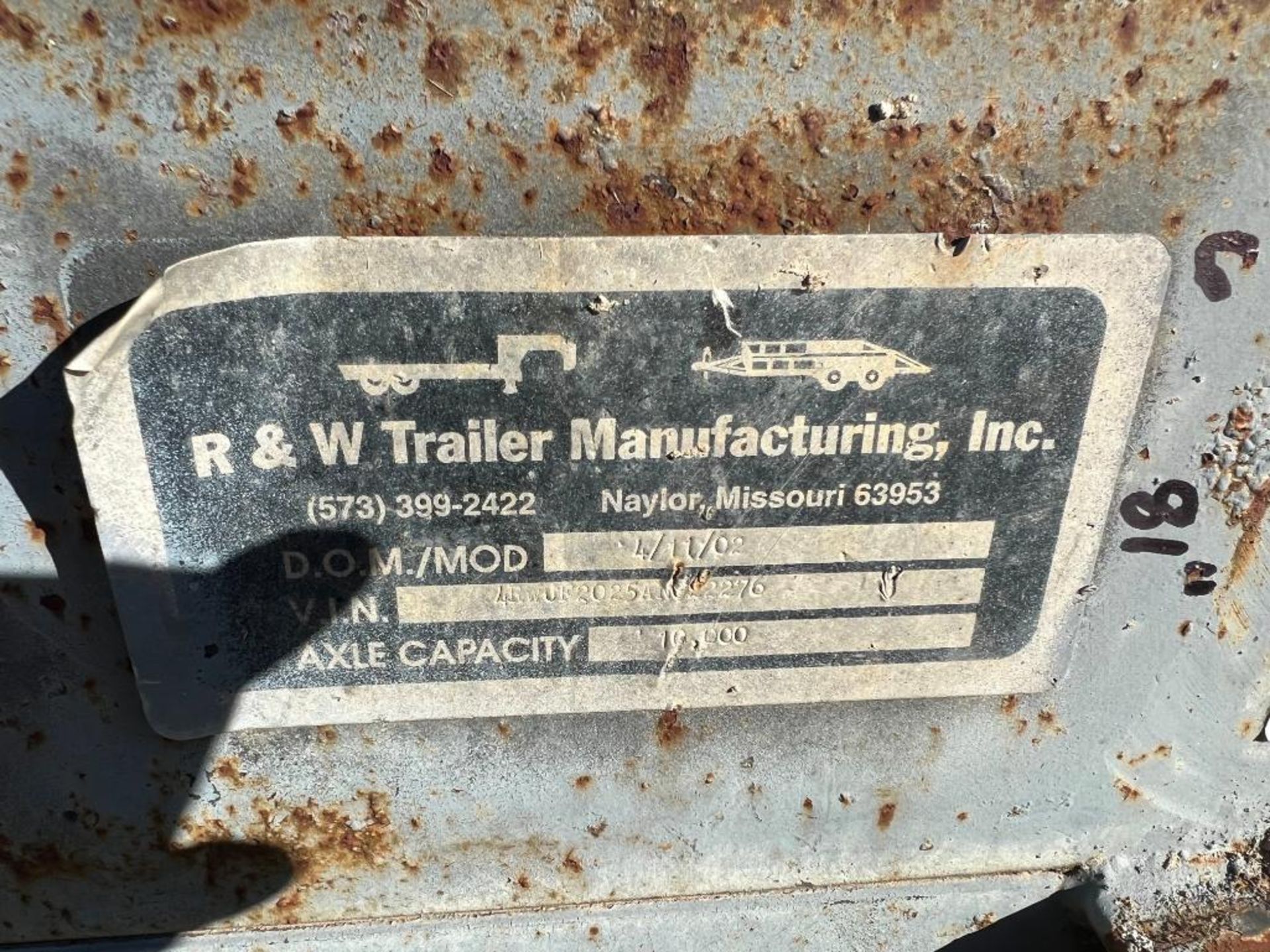 2002 R & W Trailer Manufacturing Dual Axle 20'6" X 81" Trailer, VIN #4RWUF2025AN022276, Capacity Wei - Image 8 of 9