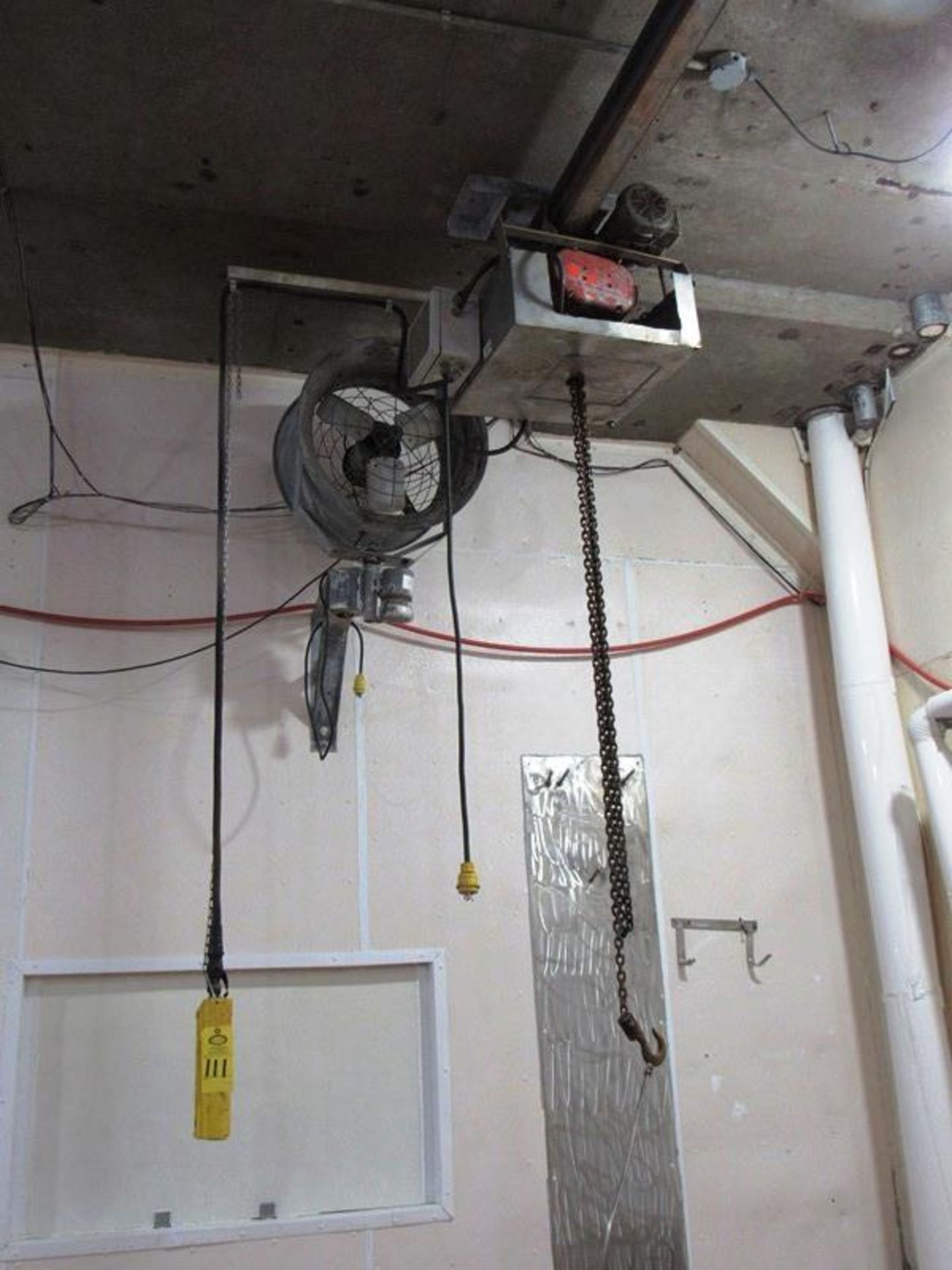 Chain Hoist, 1 ton capacity, chain, hook, controls Removal: By Appointment Only. Required Rigging
