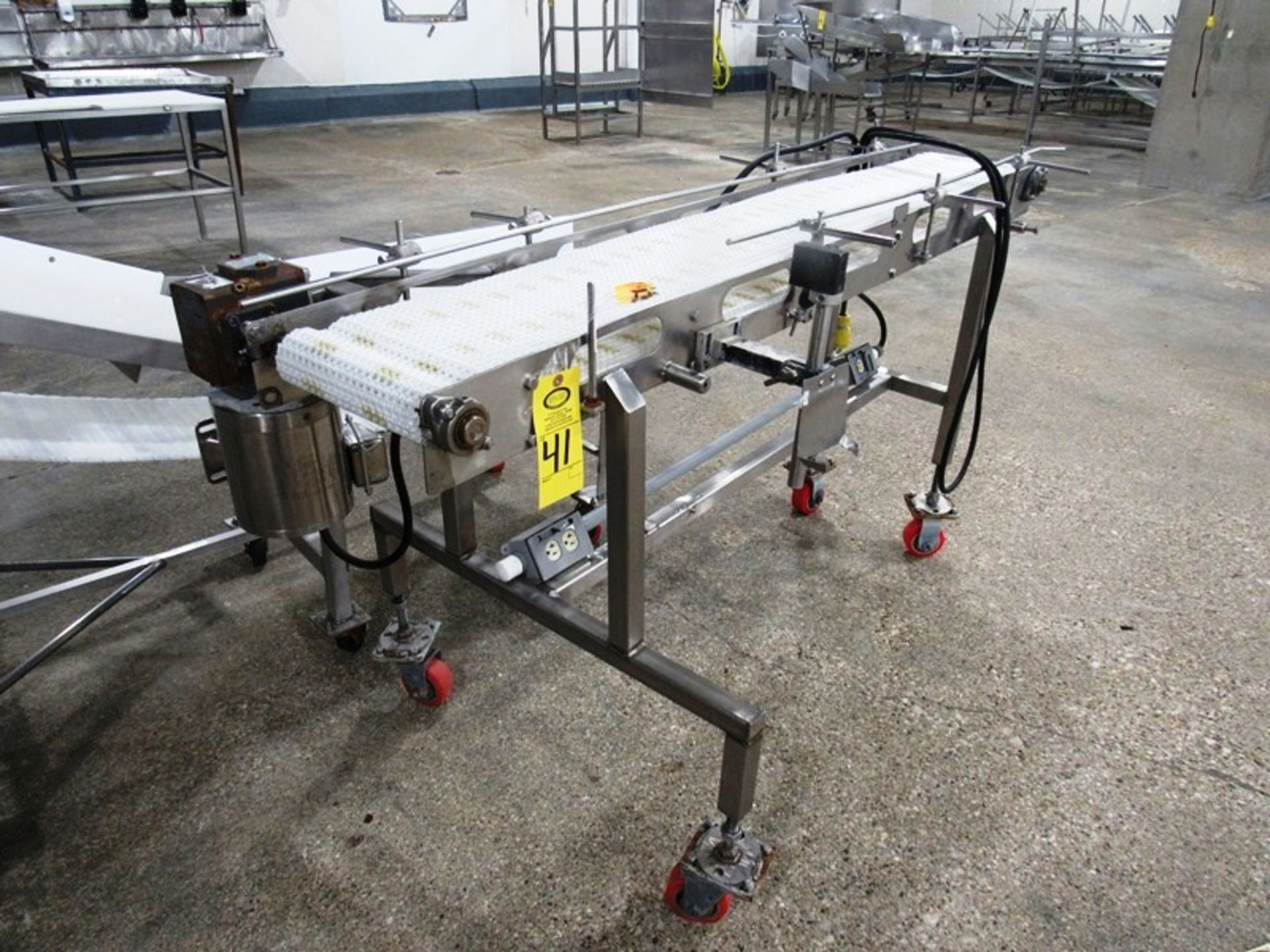 Portable Conveyor, 10" W X 6' L plastic belt, 1/2 h.p. stainless steel motor, 220 volts Removal: