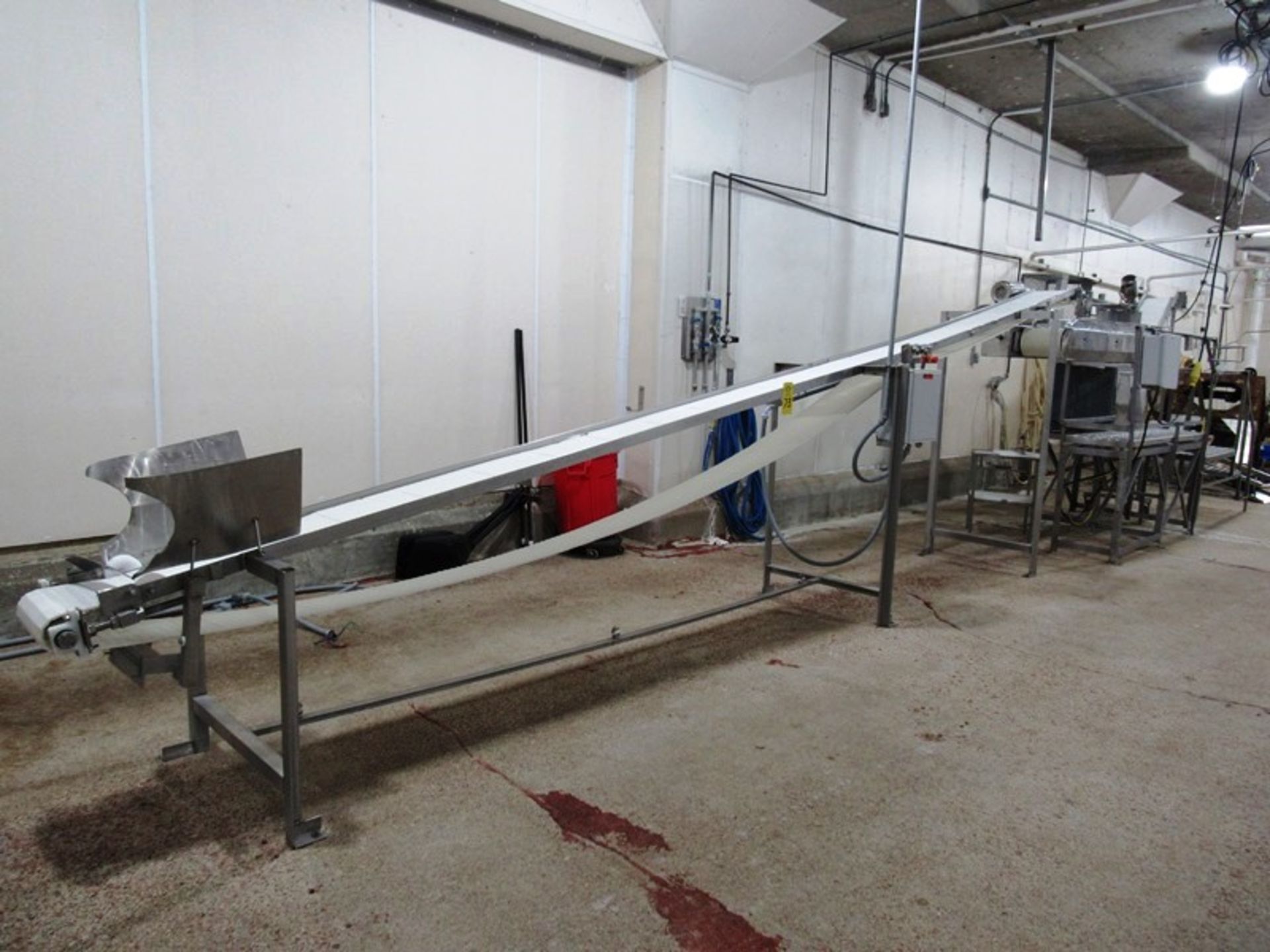 Stainless Steel Incline Conveyor, 11 1/2" W X 23' L flighted plastic belt, 1/4" flights spaced 12"