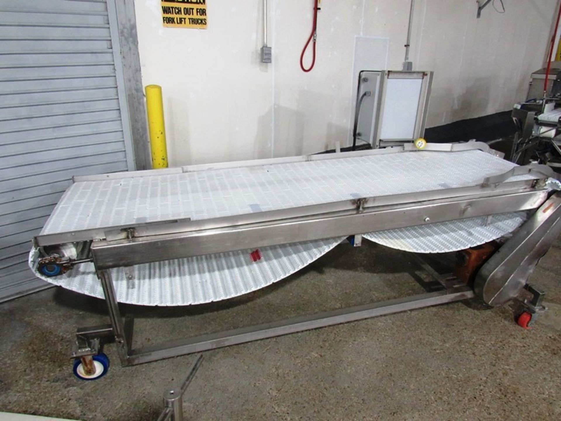 Conveyor, 30" W X 9' L plastic belt, 1 h.p. motor, 220 volts with Allen-Bradley speed control