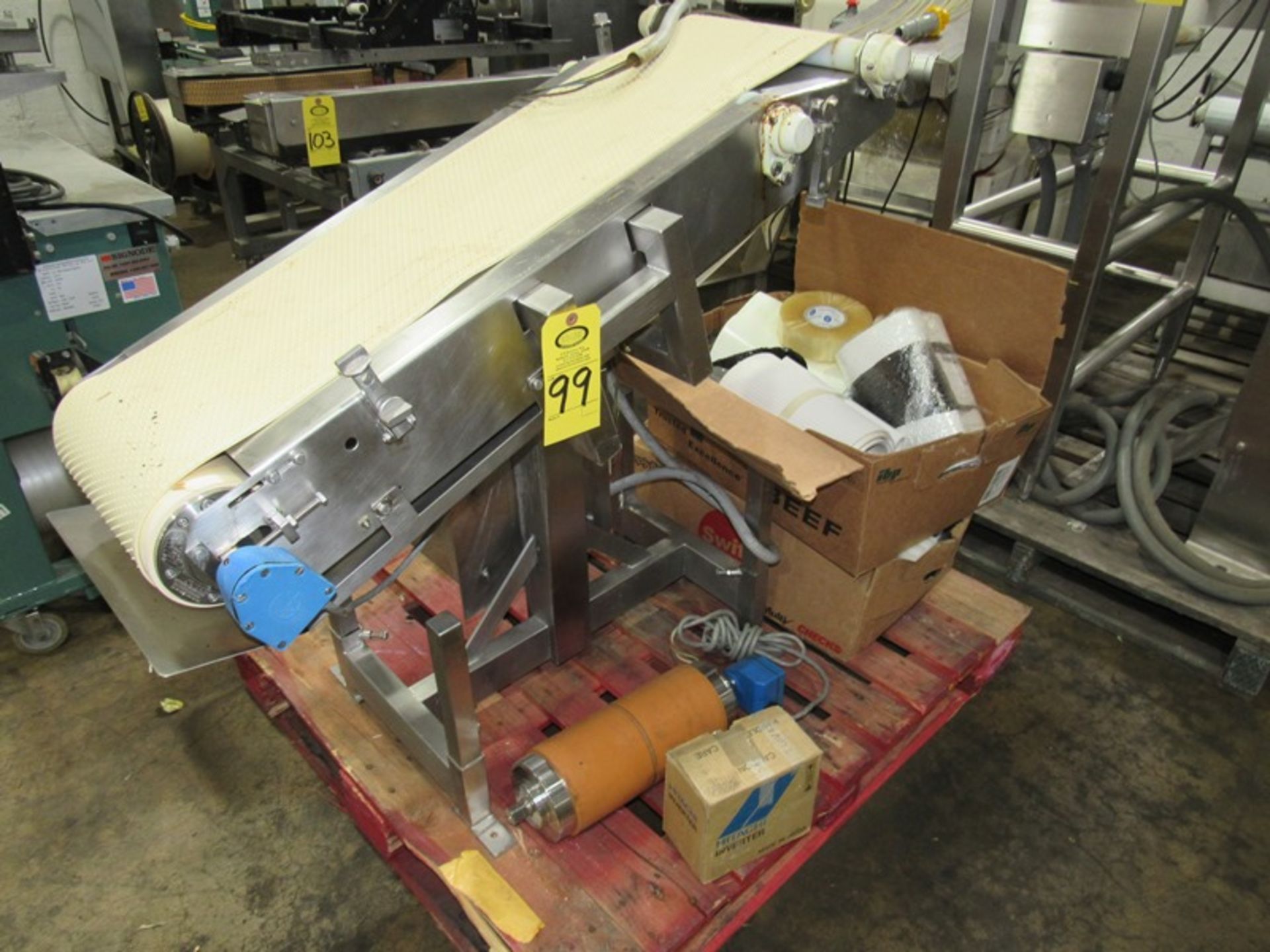 Sorta-Weigh Stainless Steel Transfer Conveyor, 11 1/2" W X 4' L neoprene belt, drum roller motor,