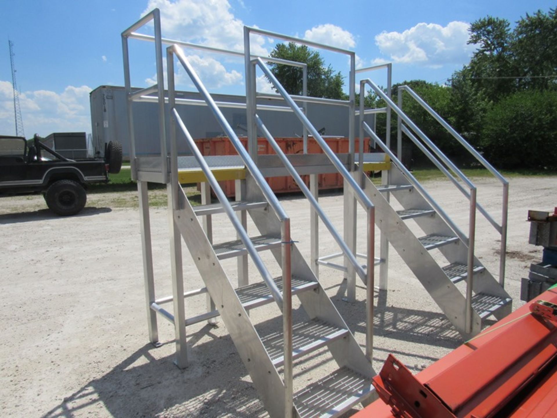 Aluminum Double Stairs with platform and hand rails, 24" W X 103" L platform, 5-stairs each side,