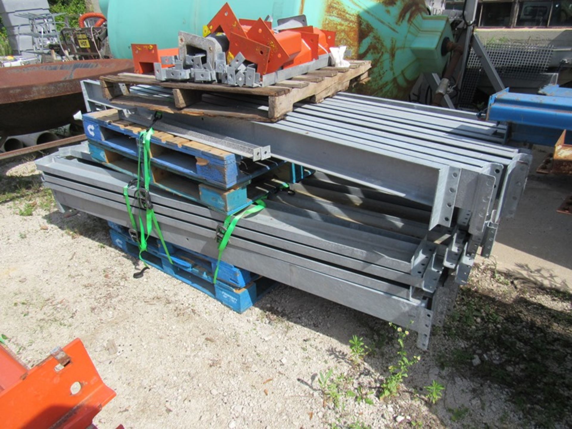 Lot Pallet Racking (65) galvanized cross beams, bolt on 8' long (50) painted steel tear drop - Image 5 of 5