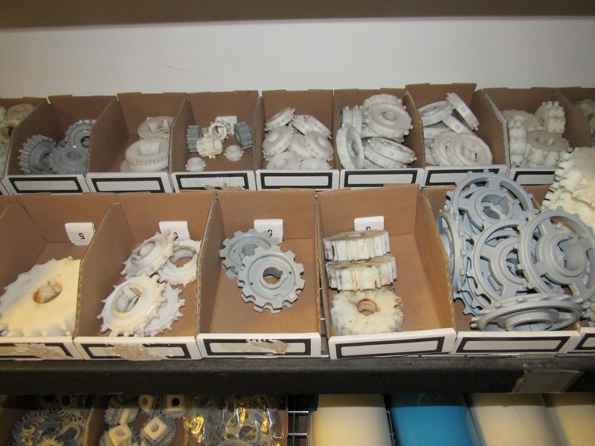 Lot Misc. Motors on (2) Shelving Units Flex Tubing, Plastic Conveyor, Sprockets & Filters ( - Image 12 of 15