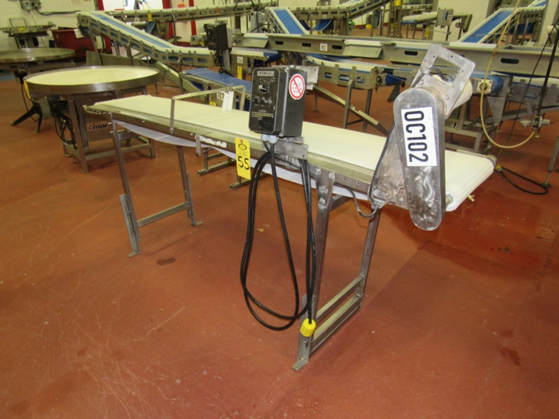 Stainless Steel Conveyor, 12" W X 90" L plastic belt, Baldor AC Motor, 110 VAC (Required Loading Fee