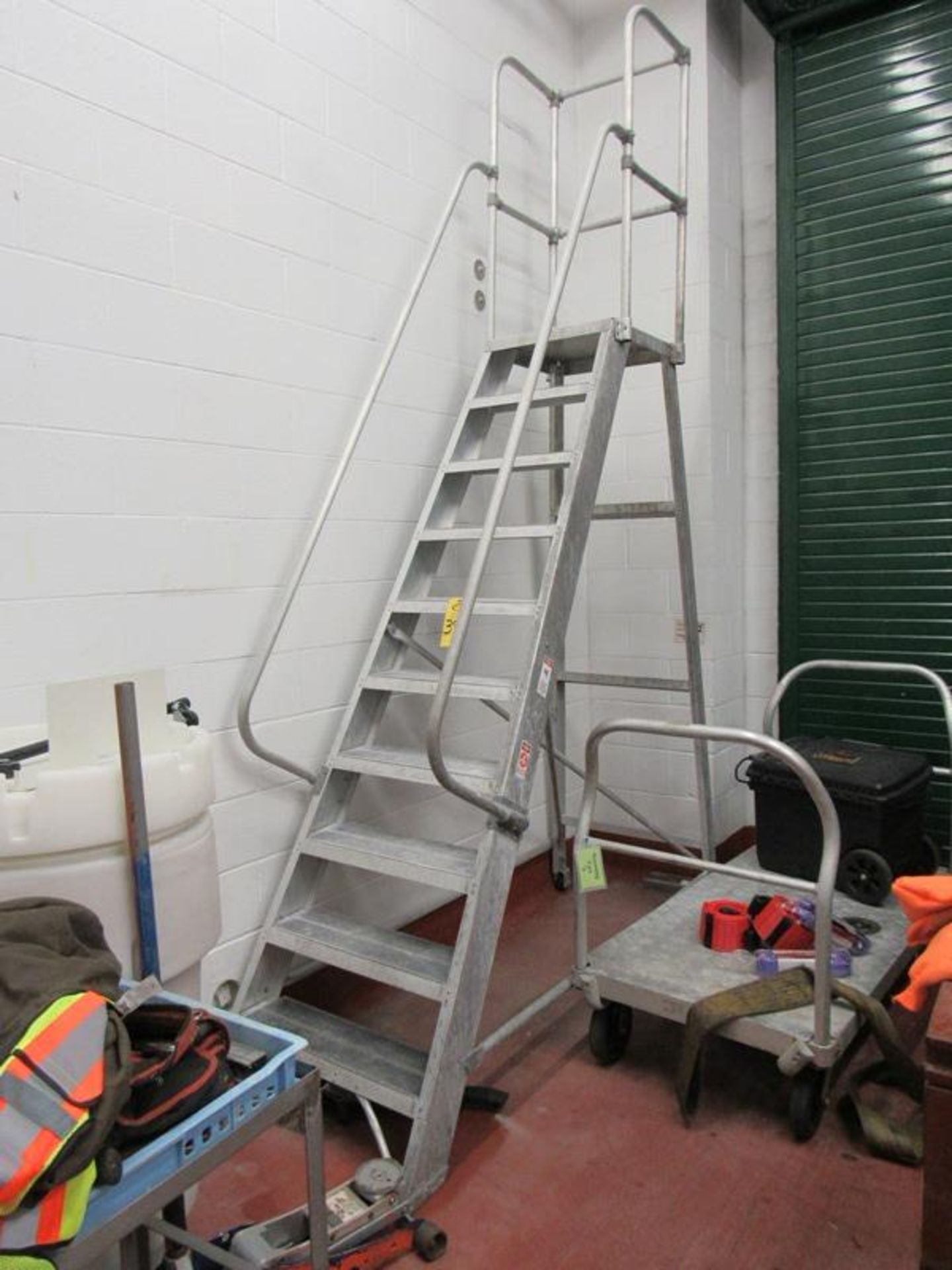 Portable Aluminum Warehouse Ladder, 24" W X 90" T to platform, 11' Tall with handrail X 7' Long (