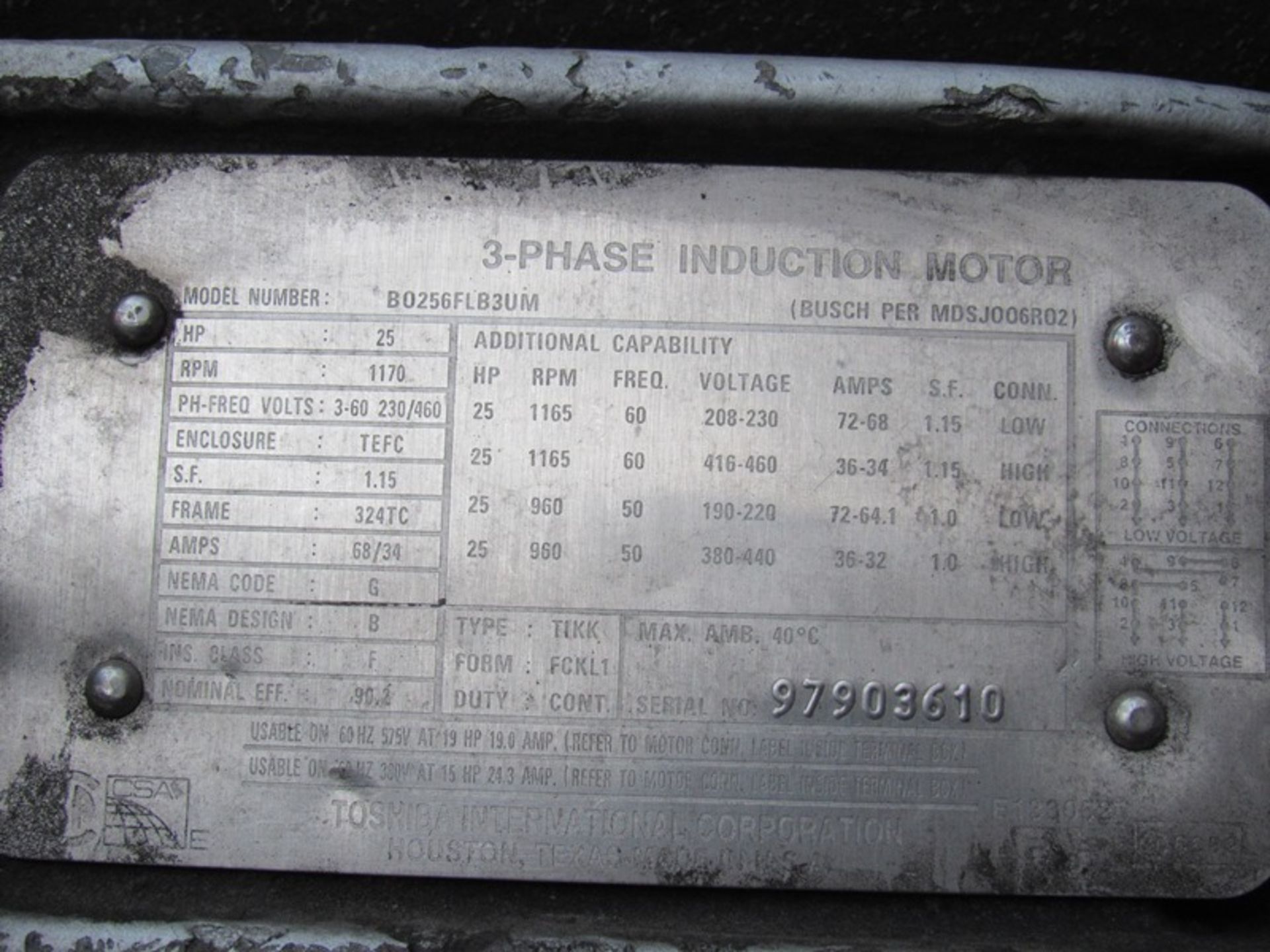 Busch Mdl. RA630B4Z61001 Vacuum Pump, Ser. #U150500285, 25 h.p., motor, 230-460 VAC 3 phase ( - Image 5 of 5