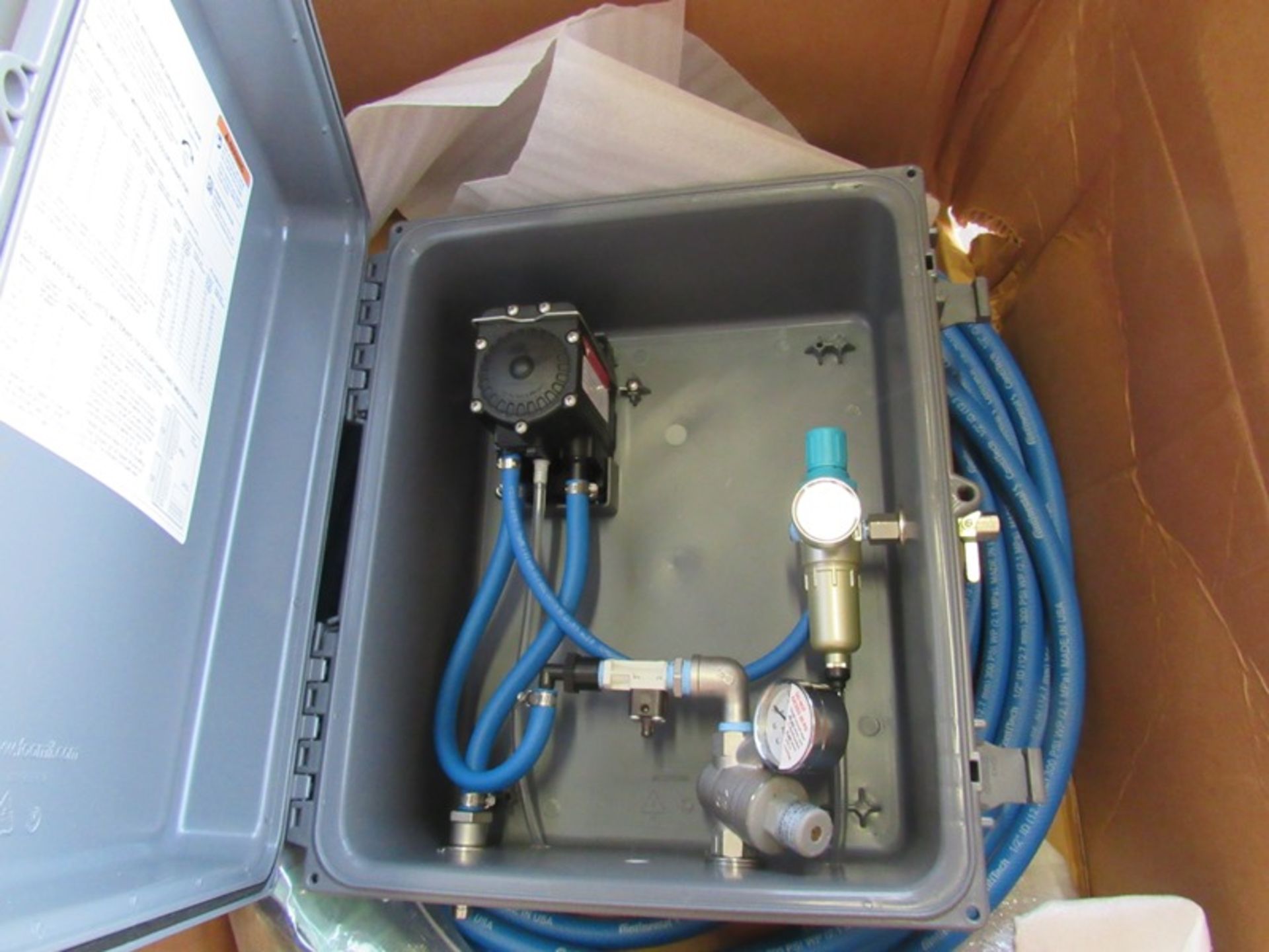 Lot (3) Wesmar Wall Mounted Flow Control with hose and sprayer & (3) Plastic Tanks (Required Loading - Image 3 of 4