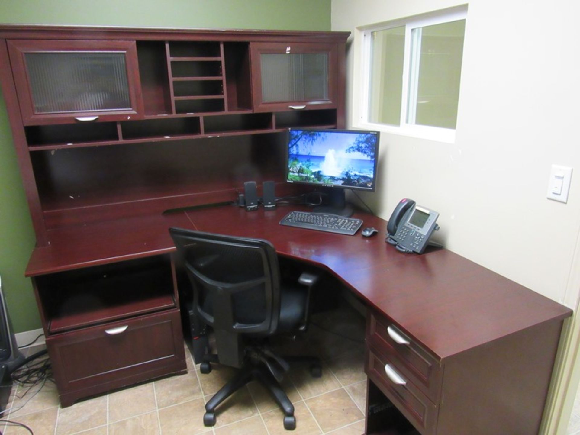 Lot Office: Desk, Chair, Heater, Plastic Table, 4' long (No Electronics or Tagged Items Included) (