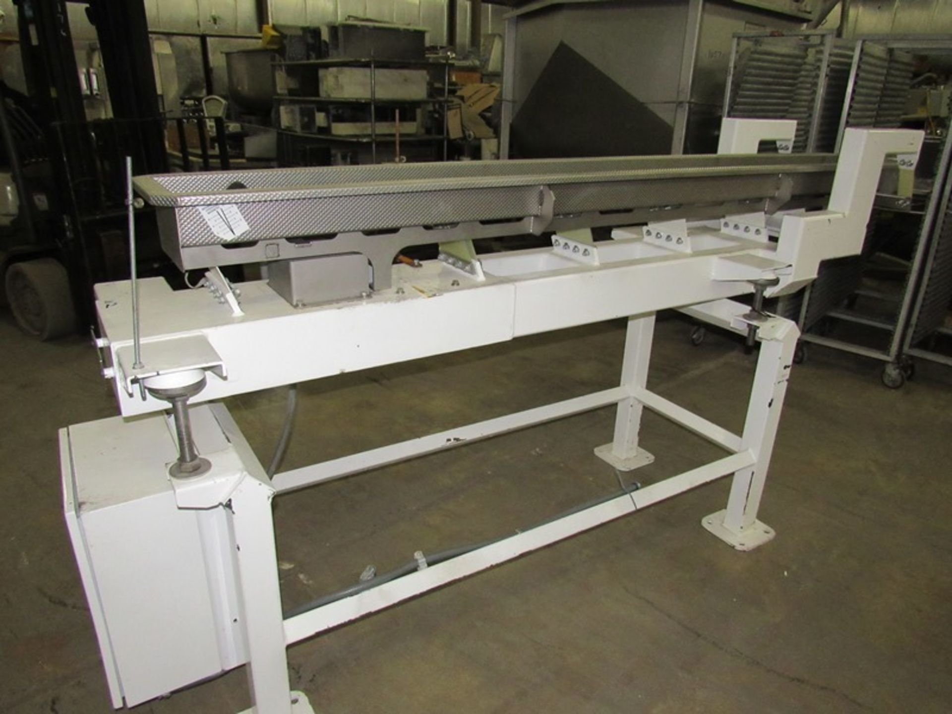 Smalley Mdl. EMC2t Vibratory Conveyor, dimpled stainless steel tray, 9" W X 106" L X 4" D, 4 1/2"