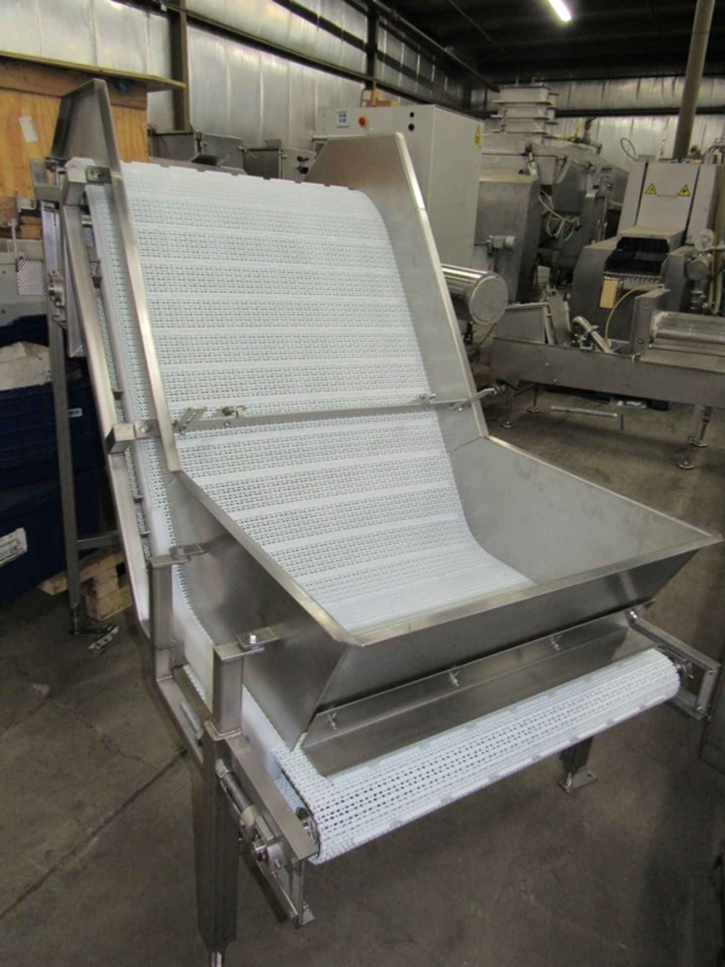 Stainless Steel Incline Conveyor, 34" W X 7' L flighted plastic belt, 1/4" high flights, spaced 3