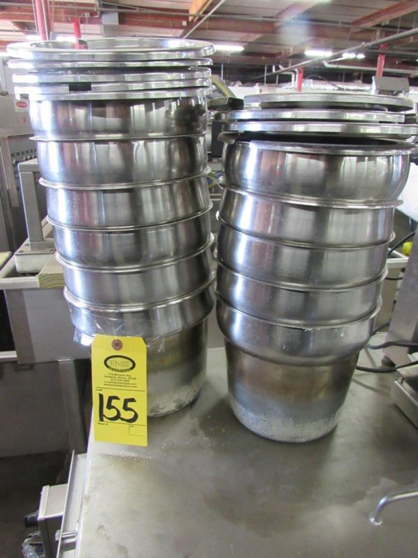 Lot of (11) Stainless Steel Steam Table Pots with (9) lids, 9" dia. at top, 8" deep (Required Loadin
