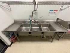 DESCRIPTION: 102" X 32" THREE WELL STAINLESS POT SINK W/ LEFT AND RIGHT DRY BOARDS. ADDITIONAL INFOR