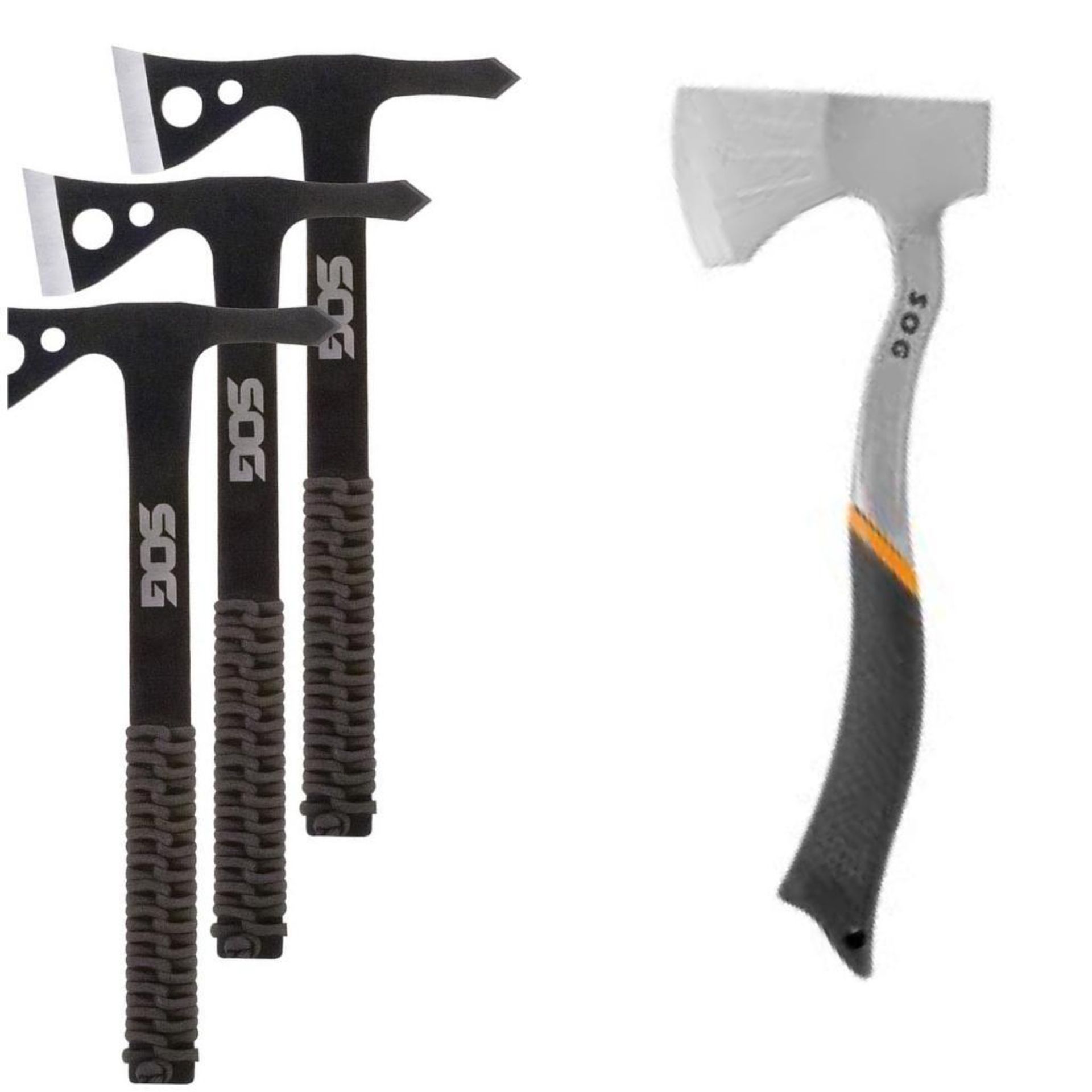 DESCRIPTION: SOG THROWING HAWKS AND SOG BASE CAMP AXE ADDITIONAL INFORMATION RETAIL VALUE $120 LOCAT