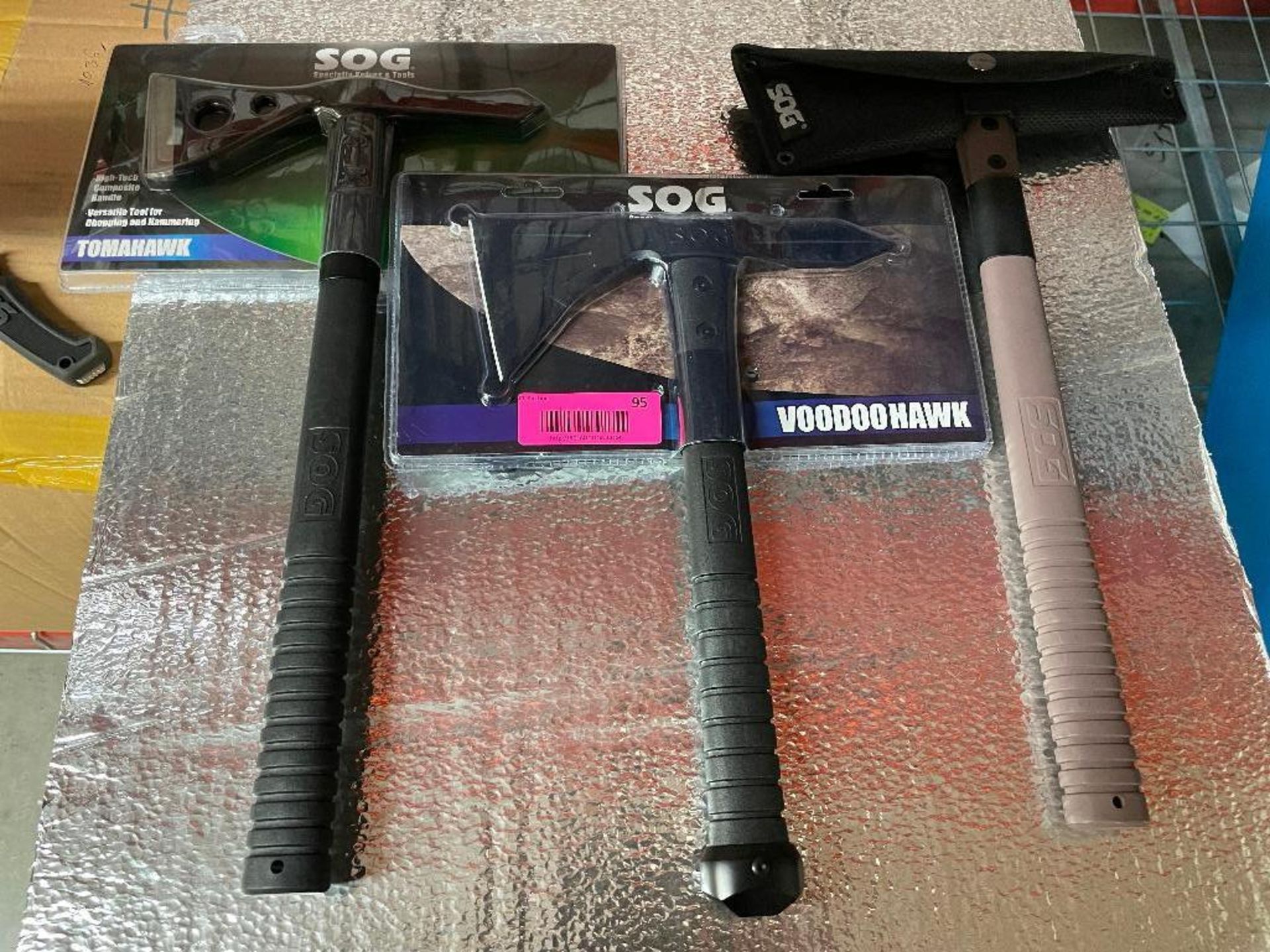 DESCRIPTION: (3) ASSORTED SOG AXES. (2) NEW IN PACKAGING LOCATION: PACKING THIS LOT IS: ONE MONEY QT - Image 2 of 2