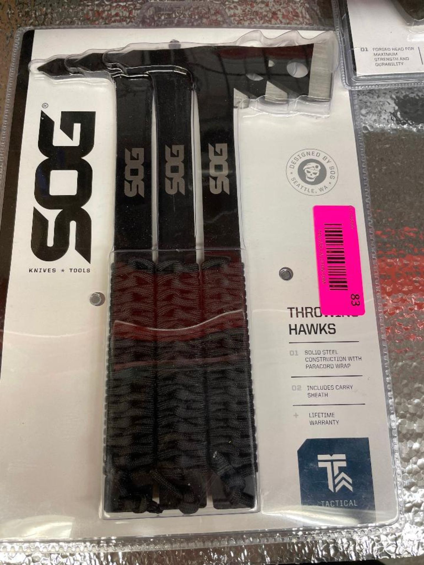 DESCRIPTION: SOG THROWING HAWKS AND SOG BASE CAMP AXE ADDITIONAL INFORMATION RETAIL VALUE $120 LOCAT - Image 3 of 4