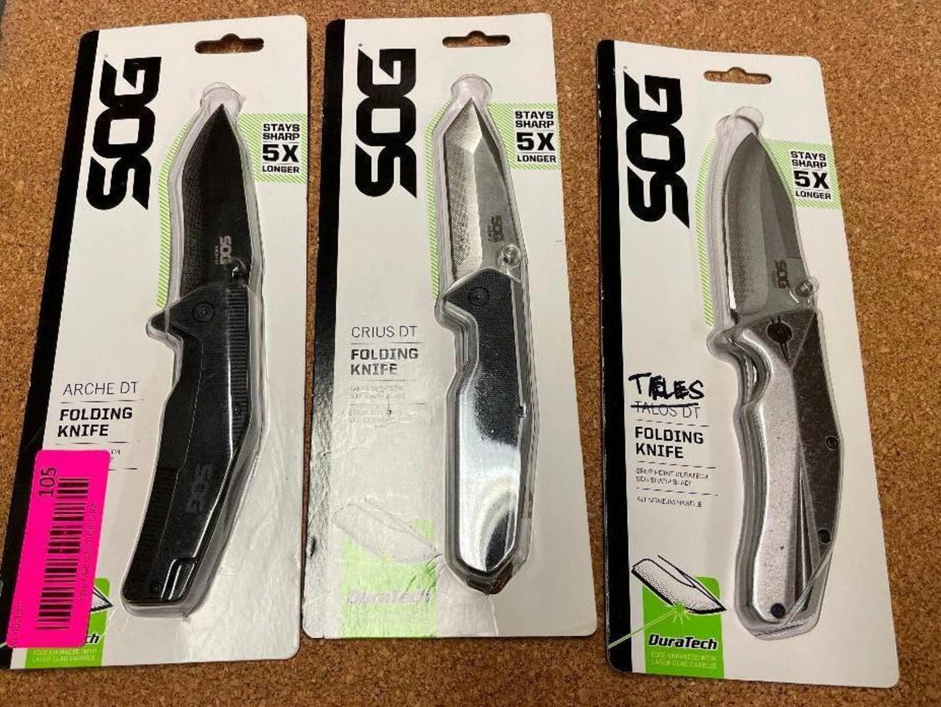 DESCRIPTION: (3) ASSORTED SOG FOLDING KNIVES. ADDITIONAL INFORMATION RETAIL VALUE $200 LOCATION: PAC