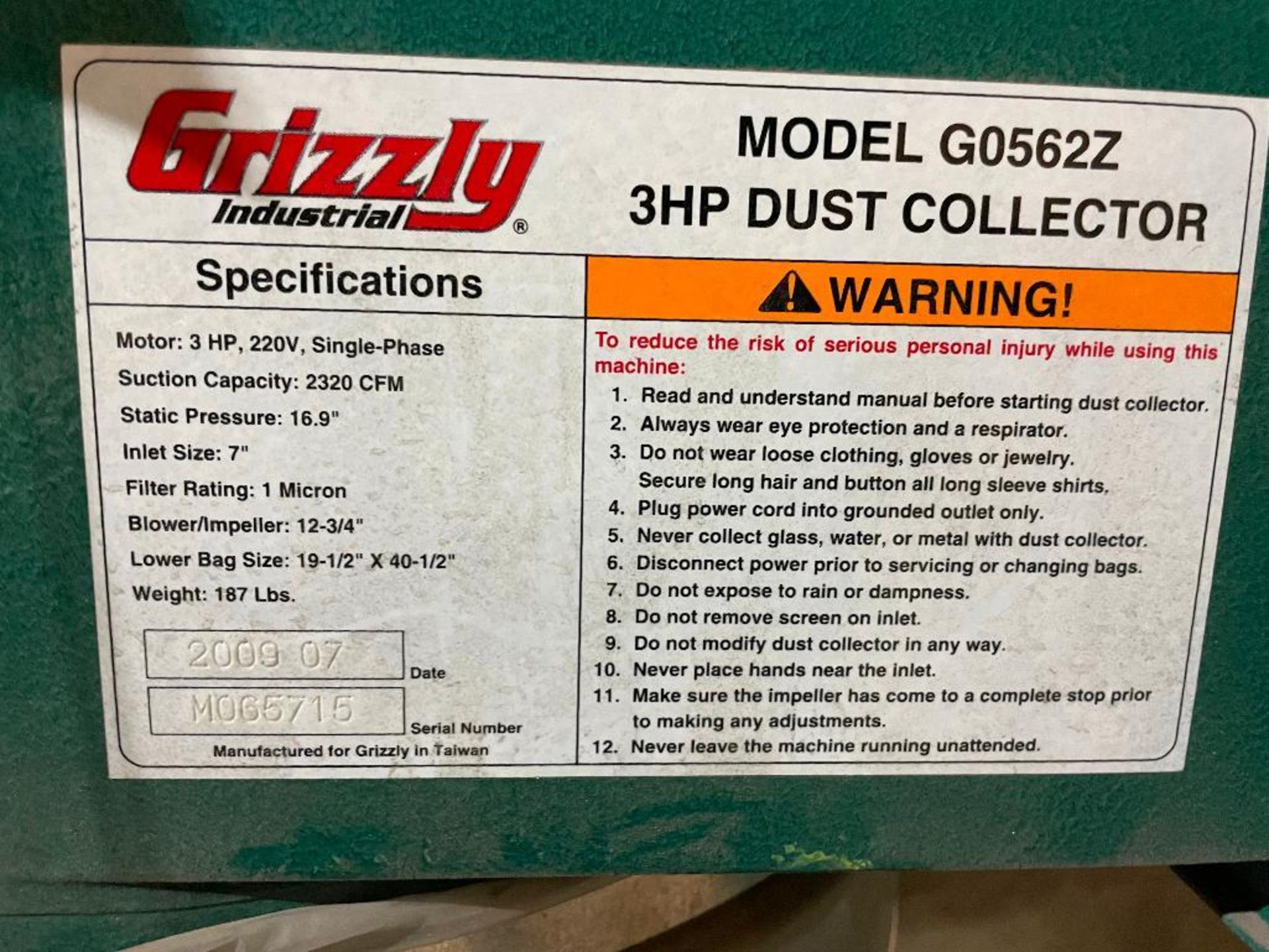 DESCRIPTION: GRIZZLY 3 HP DUST COLLECTOR W/ HOOD SYSTEM BRAND / MODEL: GRIZZLY G0562Z ADDITIONAL INF - Image 5 of 6