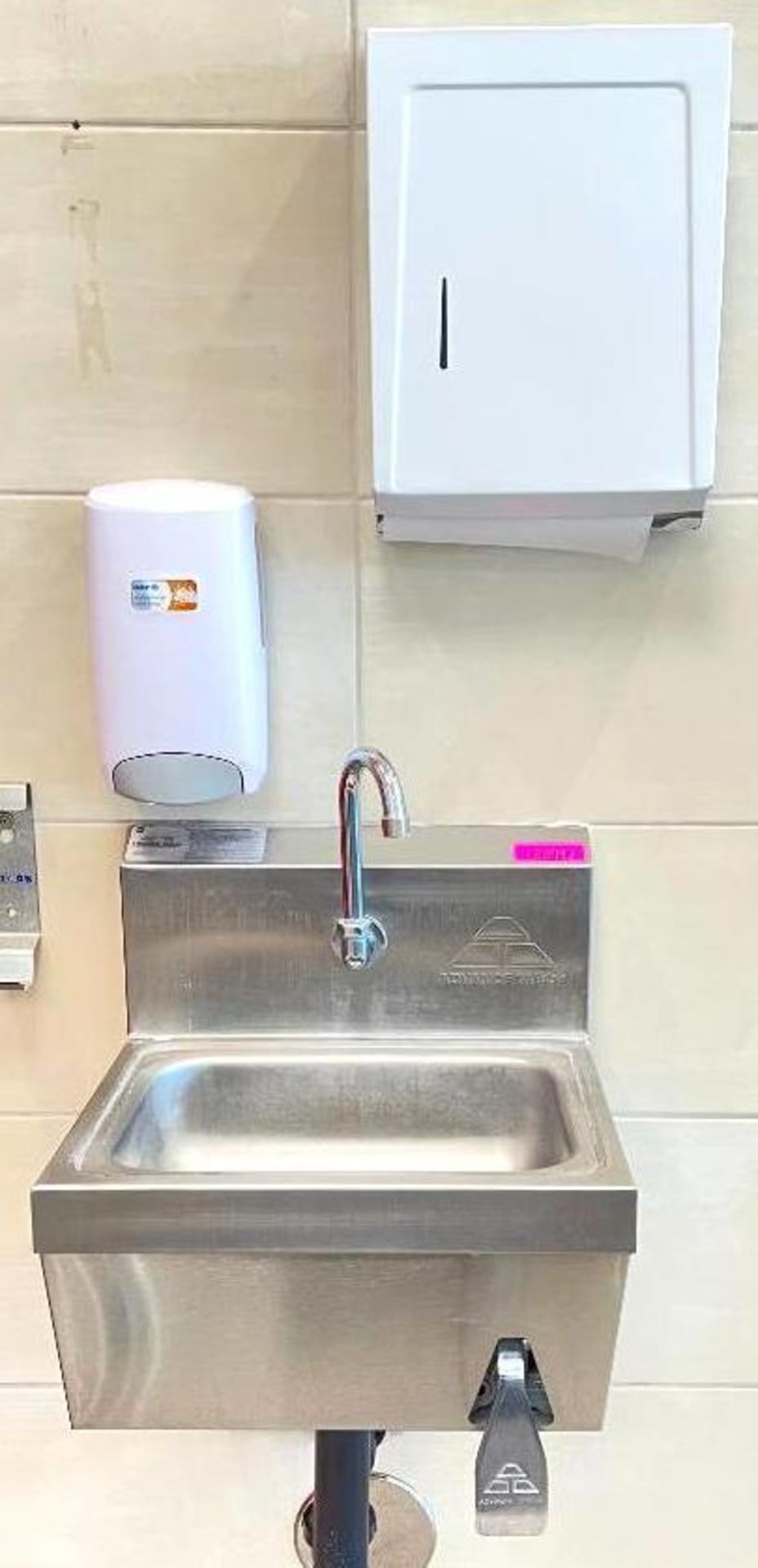 DESCRIPTION: 17" X 15" STAINLESS WALL-MOUNTED SINK W/ SOAP & PAPER TOWEL DISPENSERS SIZE: 17" X 15"