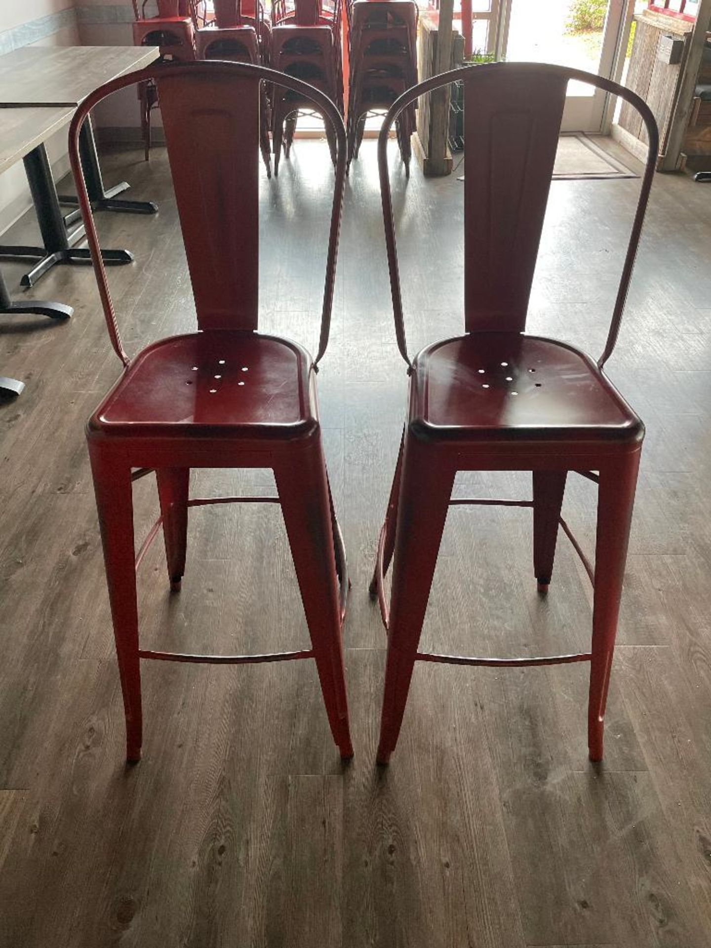 DESCRIPTION: (3) 30" METAL BAR STOOLS ADDITIONAL INFORMATION FADED TABASCO LOCATION: SEATING THIS LO - Image 3 of 3