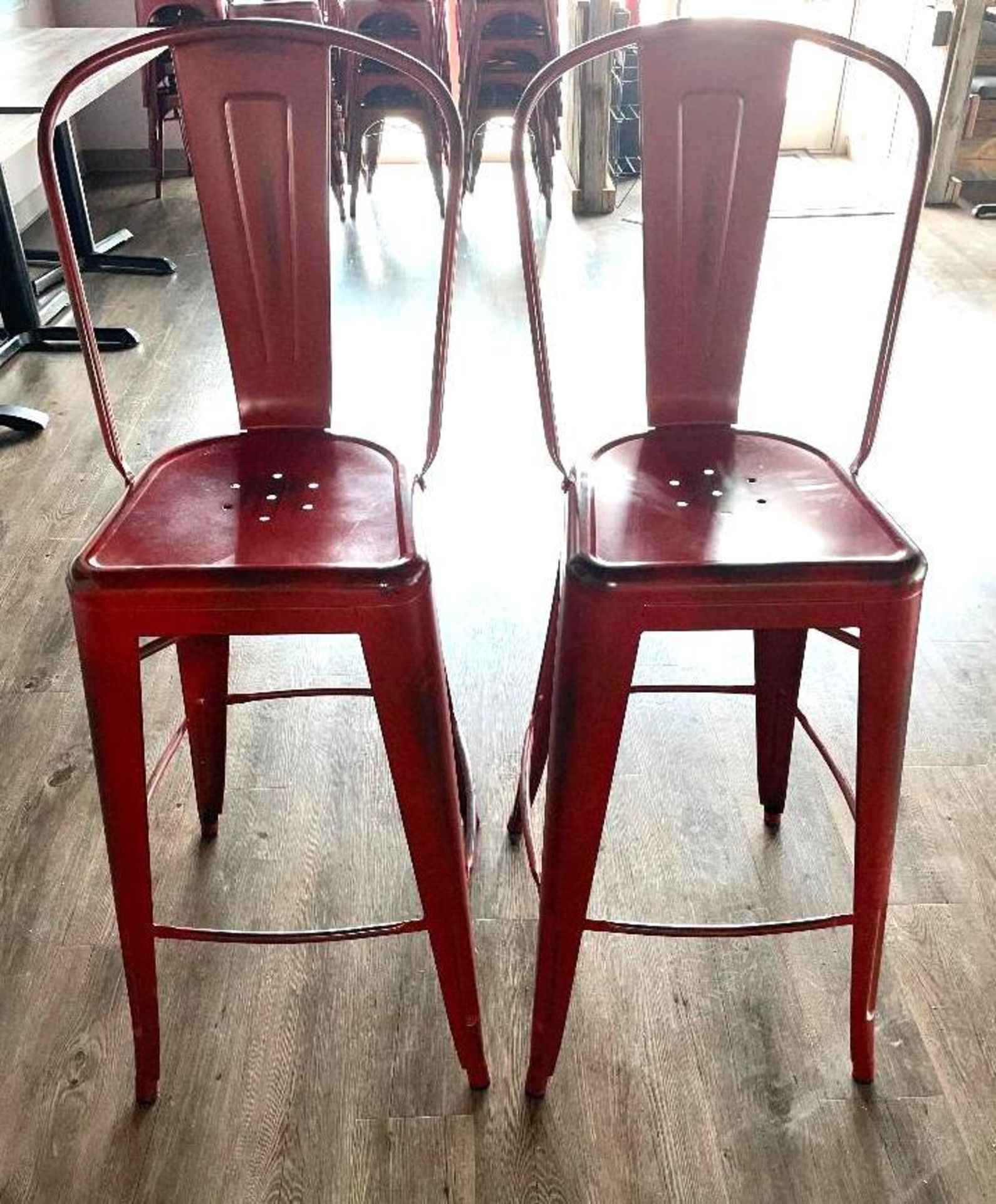 DESCRIPTION: (2) 30" METAL BAR STOOLS ADDITIONAL INFORMATION FADED TABASCO LOCATION: SEATING THIS LO - Image 2 of 3