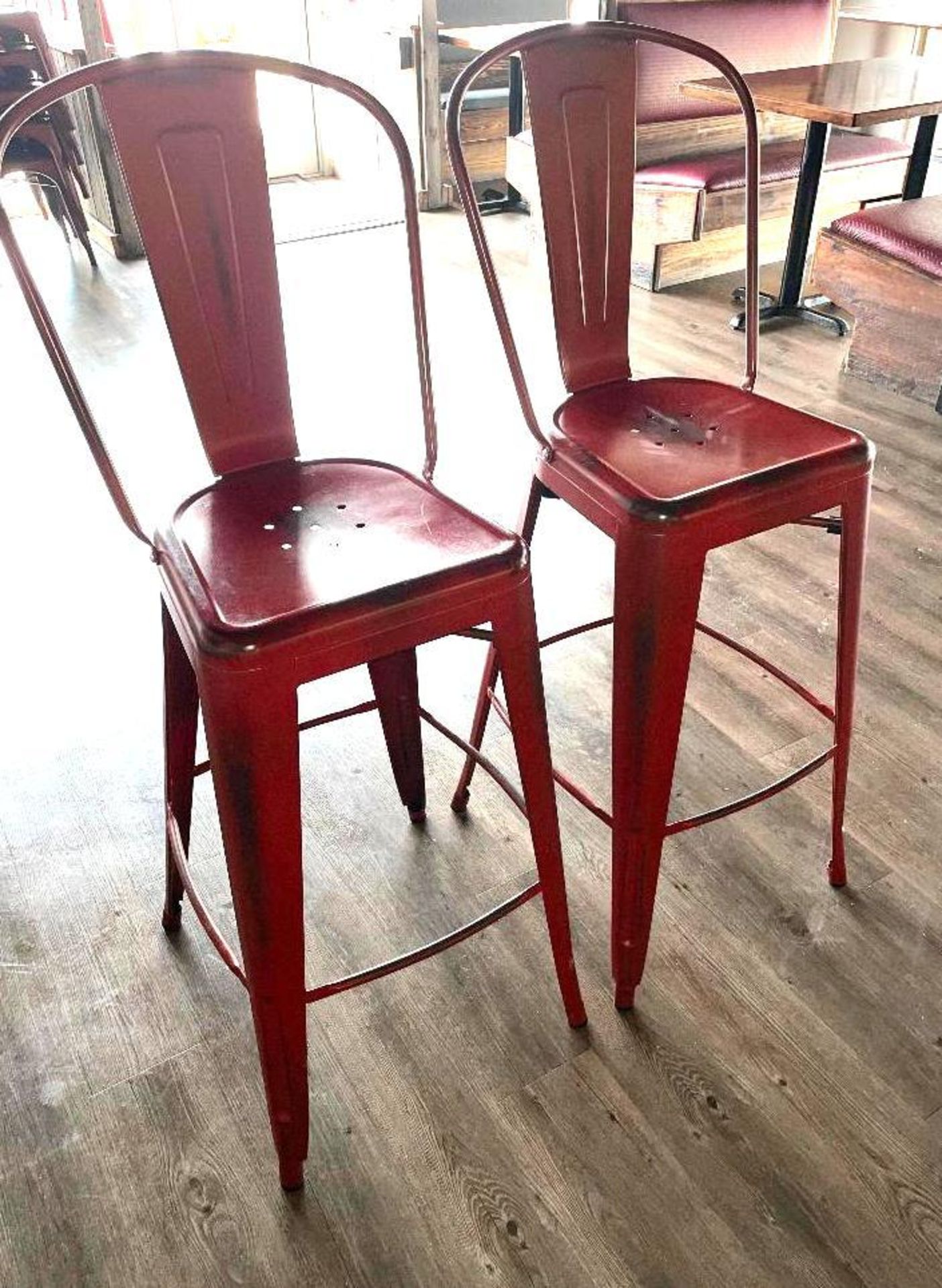 DESCRIPTION: (2) 30" METAL BAR STOOLS ADDITIONAL INFORMATION FADED TABASCO LOCATION: SEATING THIS LO