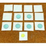 (12) 30mm BLUE-GREEN FILTER GLASS AND (1) 1" YELLOW FILTER GLASS QTY: 1