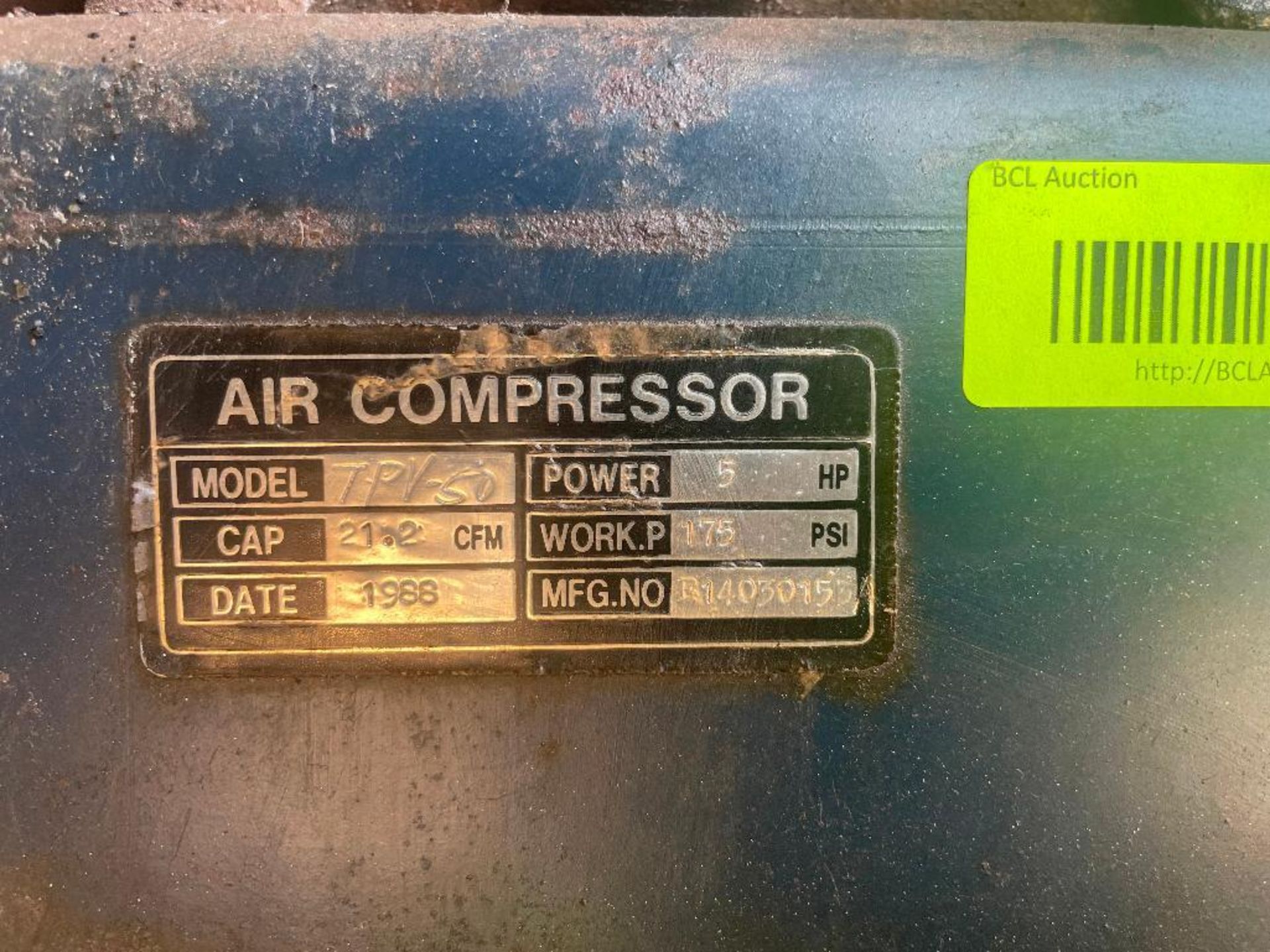 DESCRIPTION: 80 GALLON 5 HP AIR COMPRESSOR BRAND / MODEL: TPV-50 ADDITIONAL INFORMATION IN WORKING O - Image 2 of 3