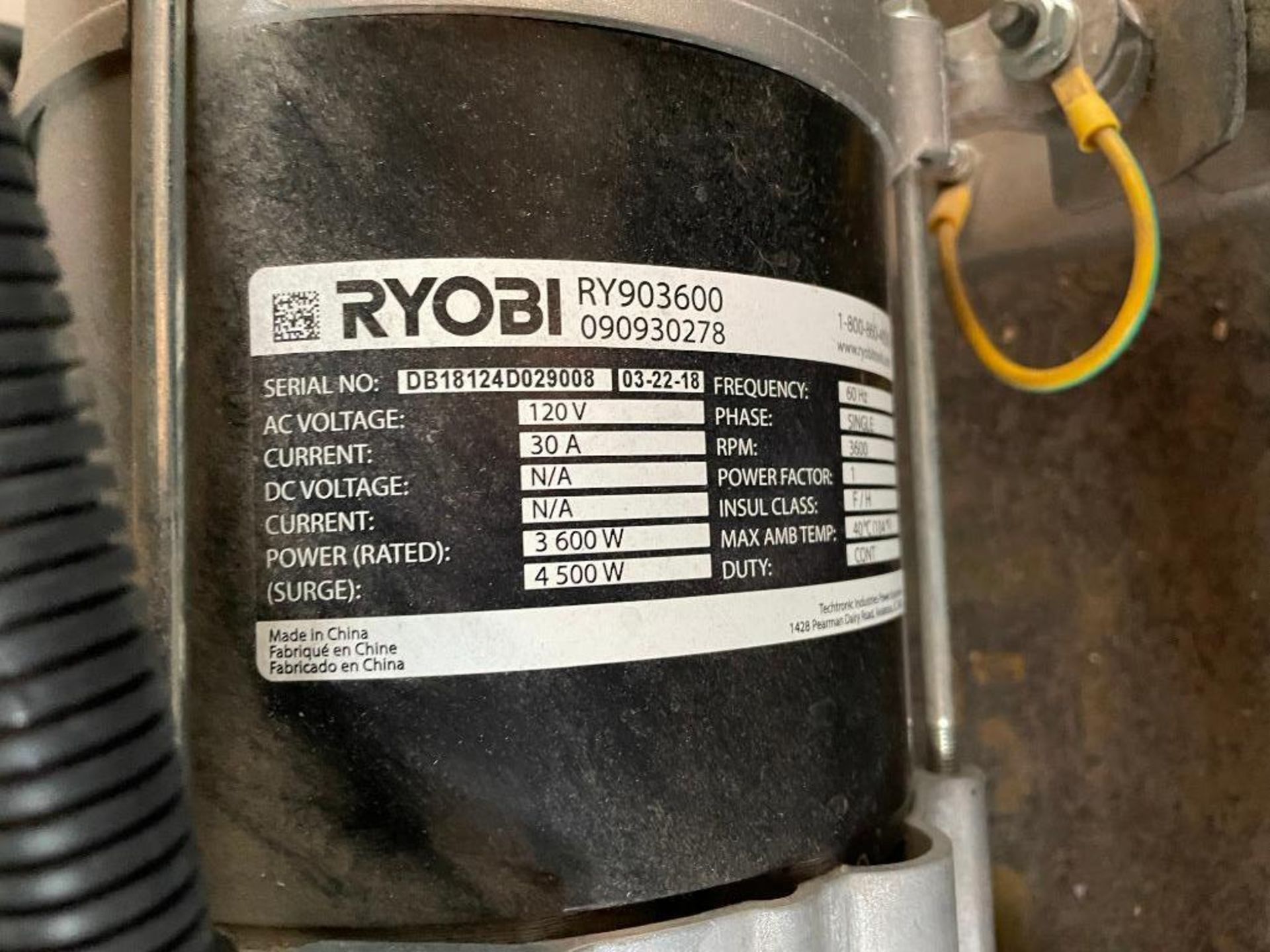 RYOBI 3,600-WATT GASOLINE POWERED RECOIL START PORTABLE GENERATOR BRAND/MODEL: RYOBI RY903600 LOCATI - Image 8 of 9