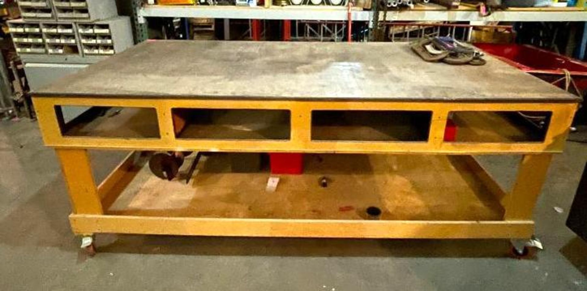 96" X 48" HEAVY DUTY WORK TABLE W/ UNDERSTORAGE & CASTERS LOCATION ROOM 2 QTY: 1