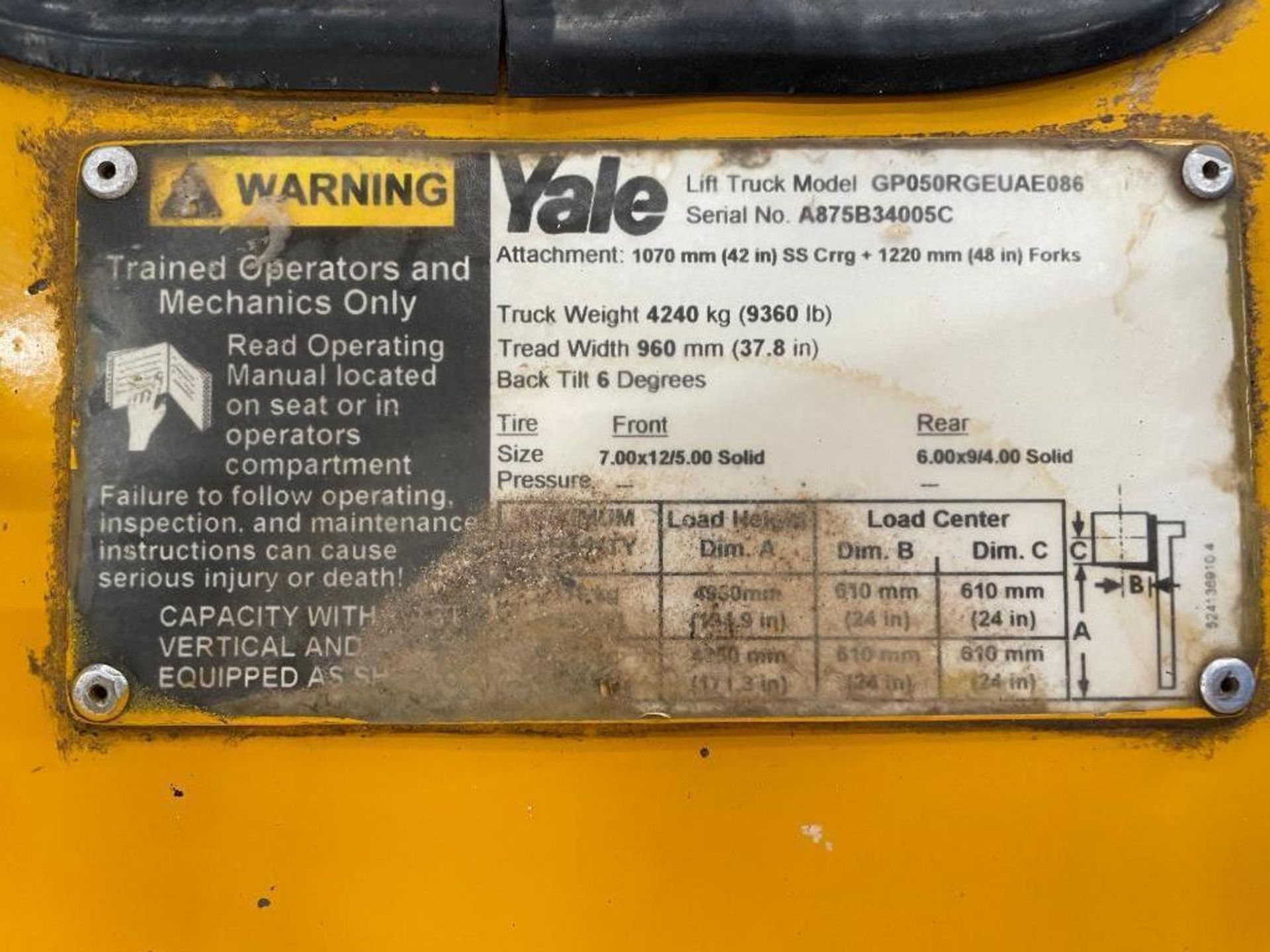 DESCRIPTION: 2005 YALE 5,000 LBS PNEUMATIC FORKLIFT BRAND/MODEL: YALE GP050RGEUAE086 INFORMATION: EX - Image 20 of 21