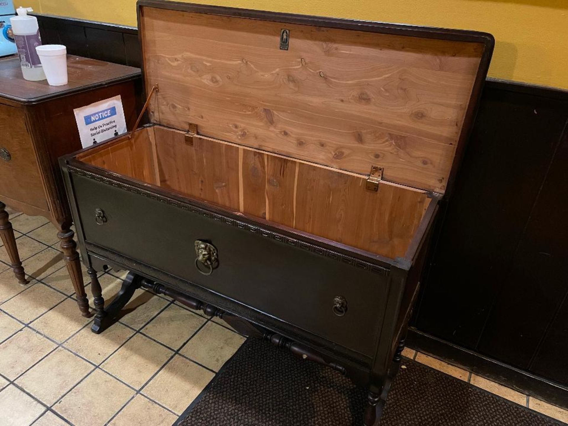 DESCRIPTION: 48" VINTAGE HARDWOOD STORAGE BUFFET W/ ORNATE HARDWARE. ADDITIONAL INFORMATION IN GREAT - Image 4 of 5