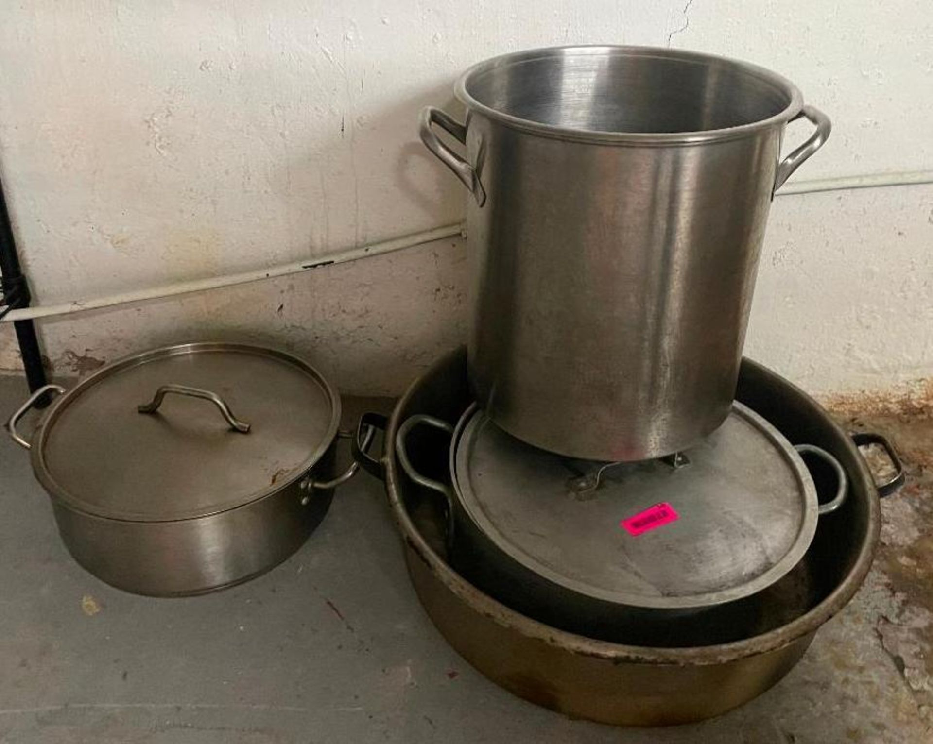 DESCRIPTION: (4) ASSORTED STAINLESS STOCK POTS AND ROASTING POTS. LOCATION: BASEMENT QTY: 1