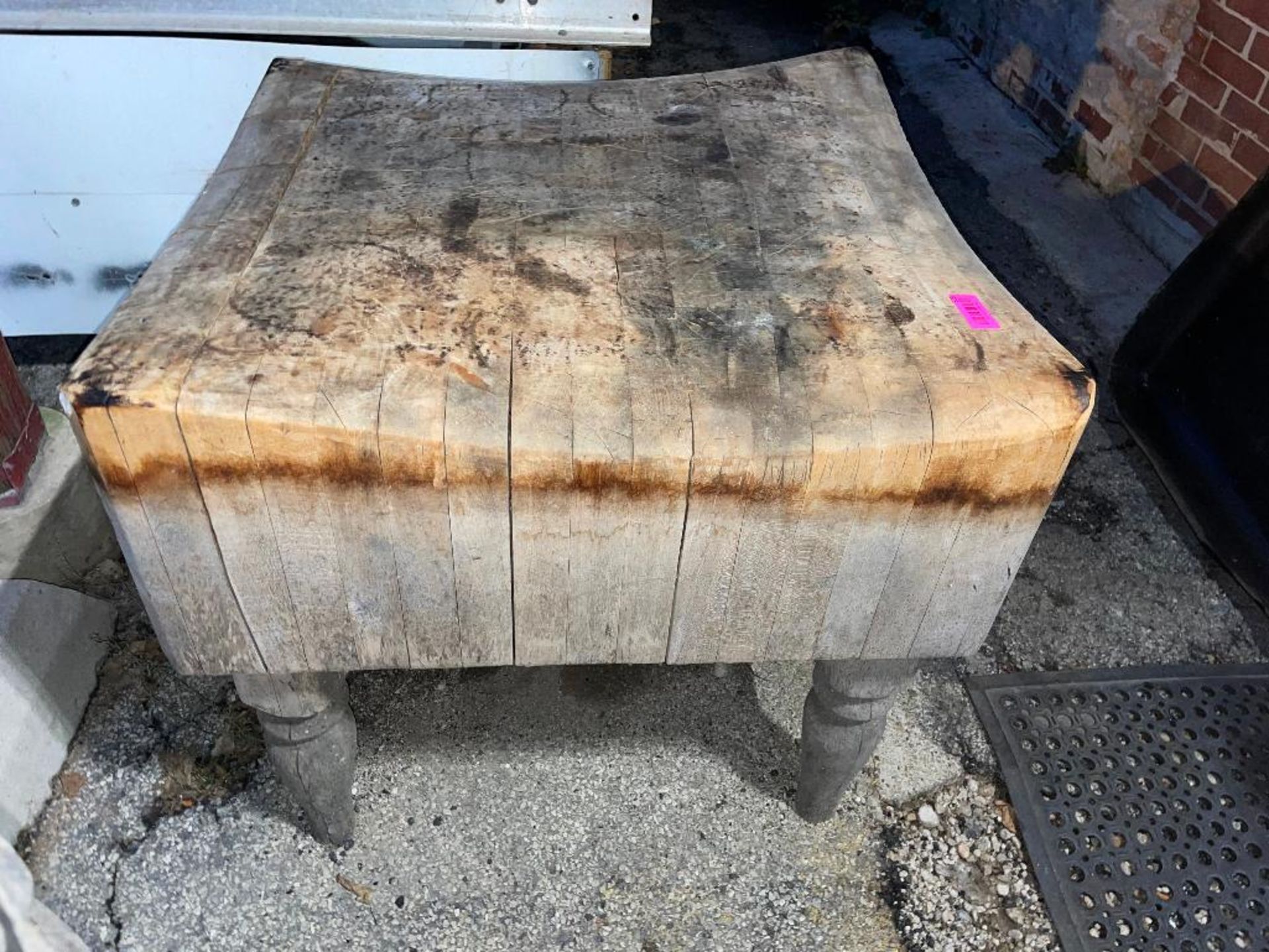 DESCRIPTION: 26" X 26" VINTAGE BUTCHER BLOCK TABLE LOCATION: OUTSIDE QTY: 1