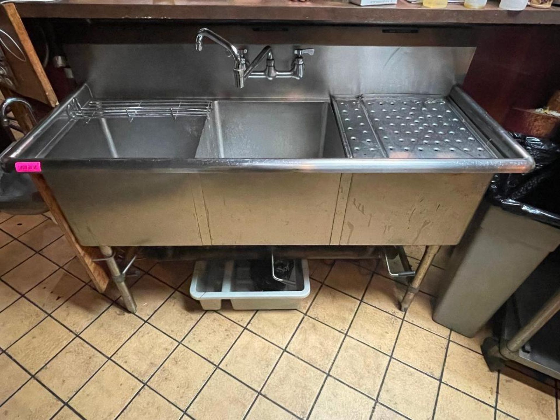 DESCRIPTION: 60" THREE WELL STAINLESS POT SINK W/ ADJUSTABLE FAUCET AND REMOVABLE STAINLESS DRY BOAR