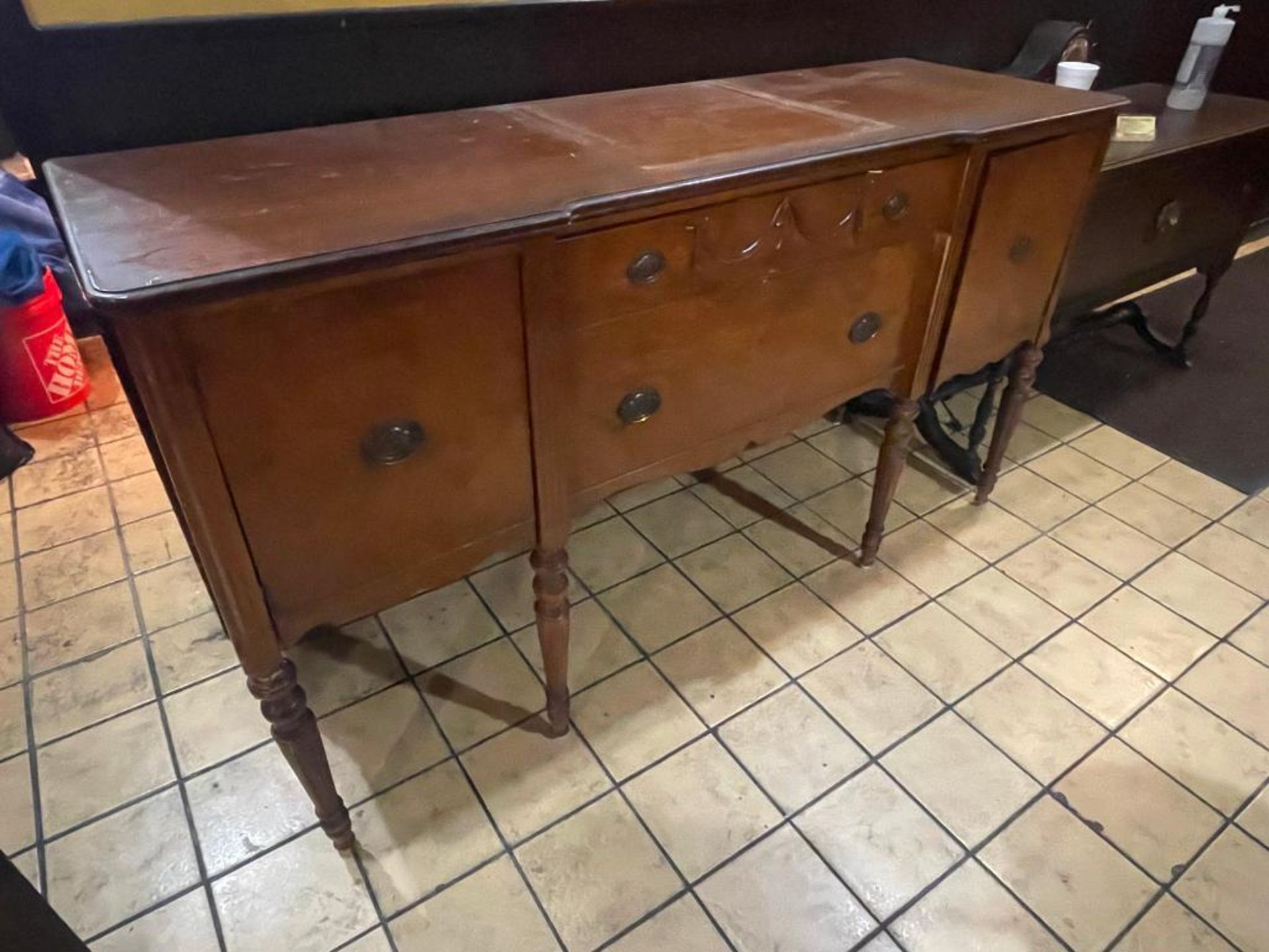 DESCRIPTION: 66" X 20" VINTAGE HARDWOOD BUFFET CABINET W/ (2) DOORS AND (2) DRAWER'S ADDITIONAL INFO - Image 2 of 6