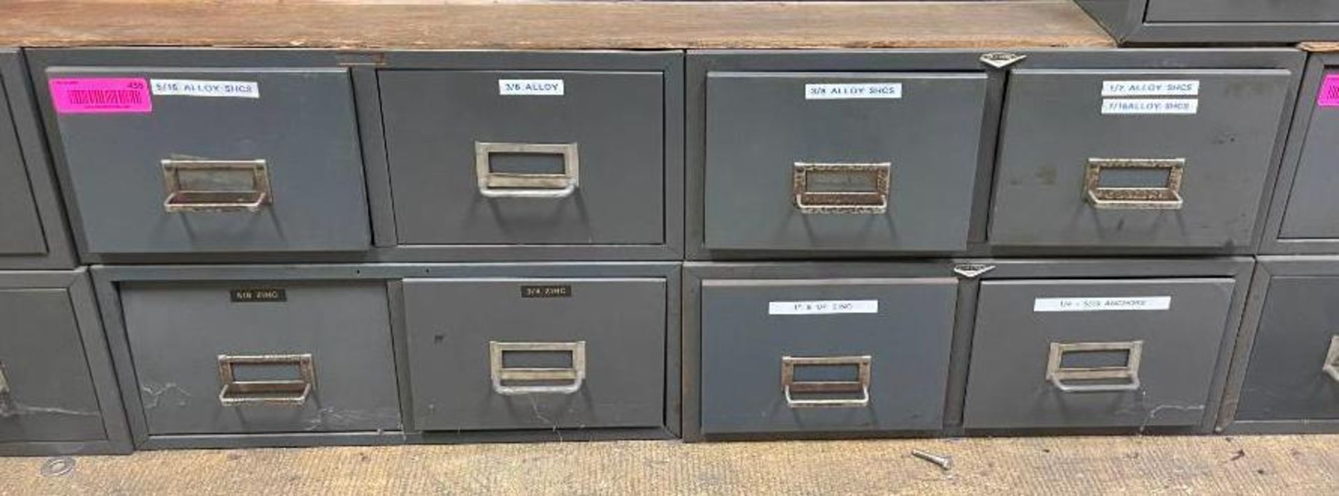 (4) 2-DRAWER HARDWARE BINS WITH CONTENTS INFORMATION: 5/16 ALLOY SHCS, 3/8 ALLOY, 3/8 ALLOY SHCS, 1/