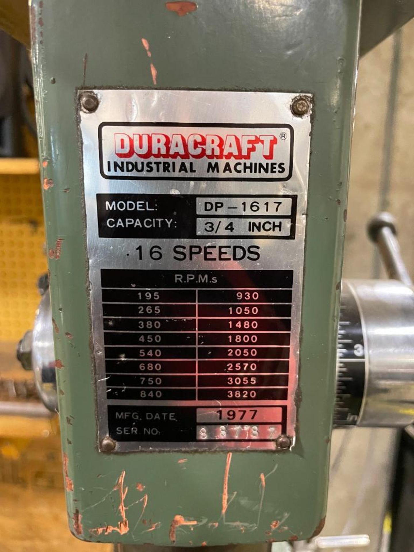 1977 DURACRAFT 16-SPEED DRILL PRESS BRAND/MODEL: DP-1617 SIZE: 3/4" LOCATION: WAREHOUSE QTY: 1 - Image 3 of 5