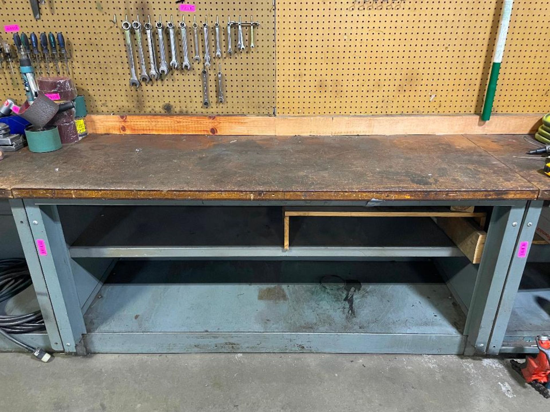 72" X 30" WOODEN TOPPED WORK TABLE W/ METAL BASE INFORMATION: CONTENTS NOT INCLUDED SIZE: 72" X 30" - Image 4 of 8