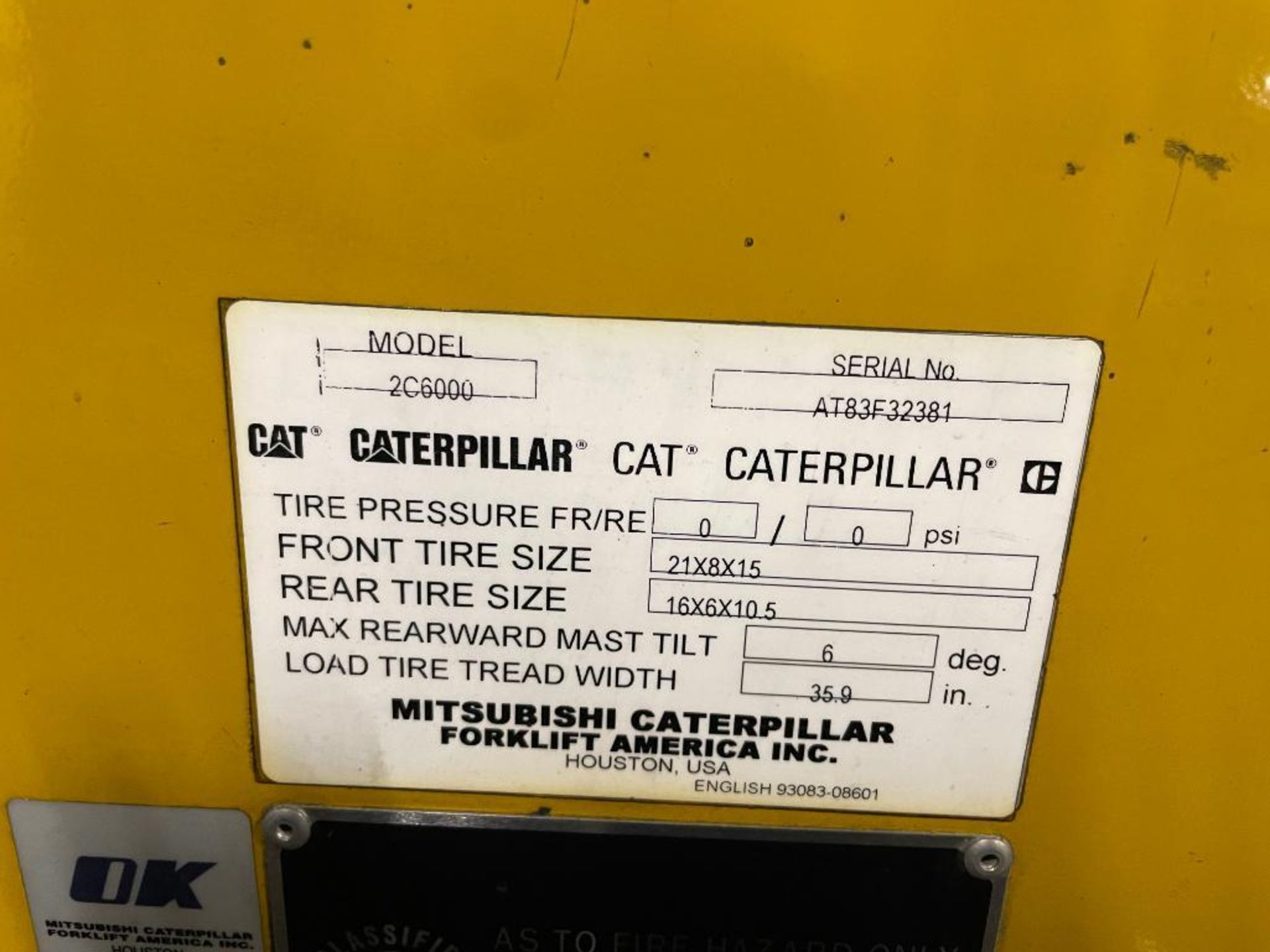 CAT 6,000 LB. FORKLIFT BRAND/MODEL: 2C6000 INFORMATION: 5000 HRS., IN GREAT CONDITION LOCATION: WARE - Image 11 of 18