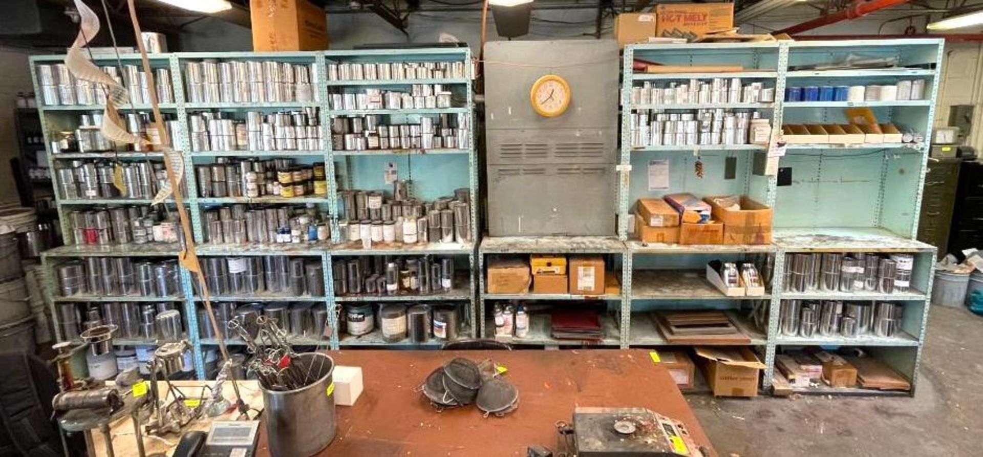 (10) 8-TIER METAL SHELVING UNITS W/ CONTENTS INCLUDED (SEE PHOTOS, VARIOUS PARTIAL PAINT CANS & ADDI